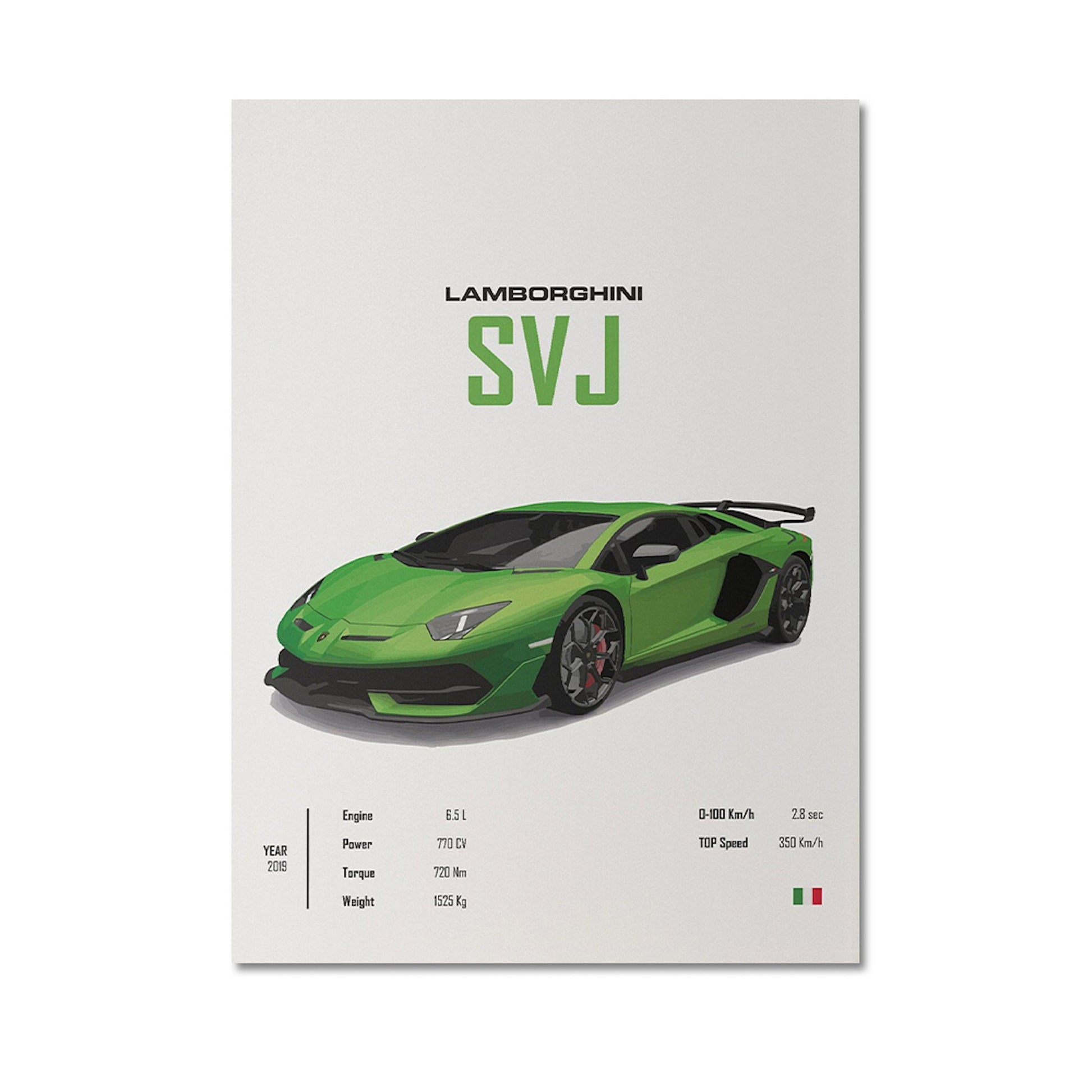 Hochwertiges Poster des beeindruckenden Lamborghini SVJ mit grüner Lackierung, präsentiert von justgoodmood. Ideal für Autofans und als Geschenk für ihn, perfekt für Wohn- und Büroräume.