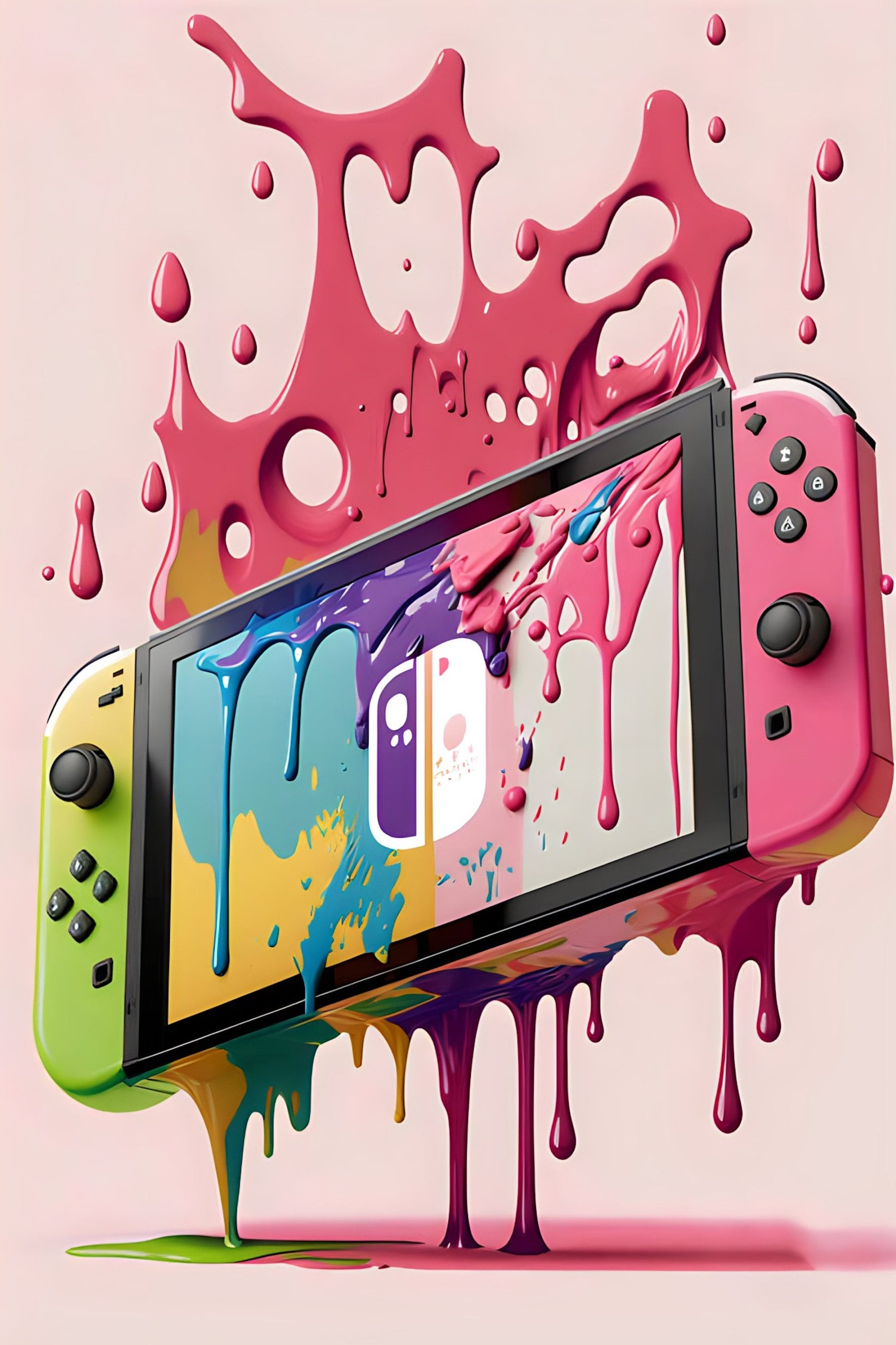 Lebhaftes 80er Jahre Neon-Punk Poster von justgoodmood mit einer spritzenden Nintendo Switch, das jedem Raum farbenfrohe Energie verleiht!