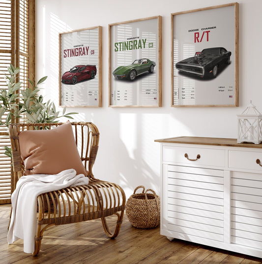 Poster Sportwagen CORVETTE Stingray C8 C3 DODGE CHARGER RTSportauto I Geschenk für ihn I Wohnzimmmer & Büro I Wand Deko I Print ohne Rahmen