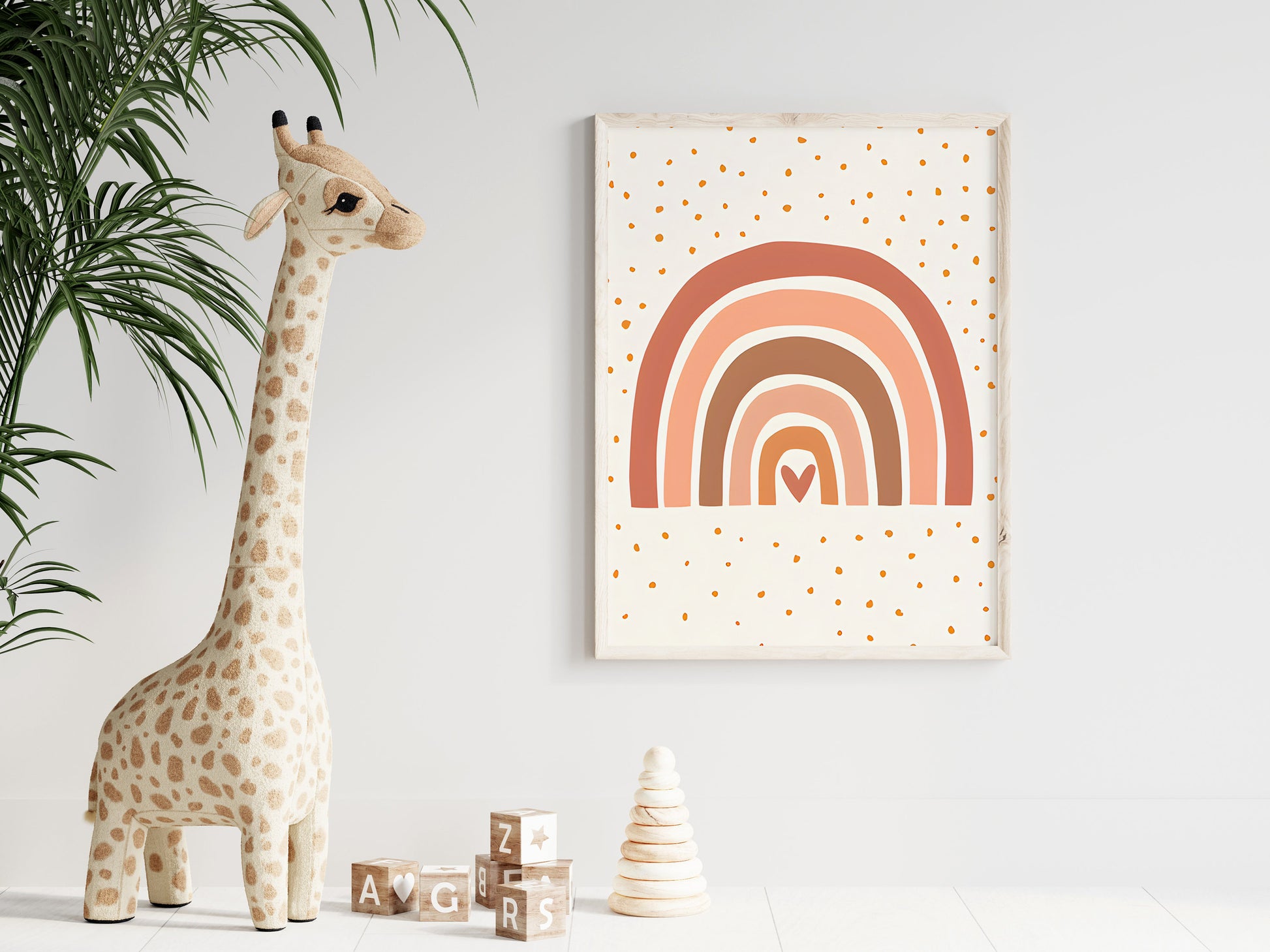Buntes Kinderzimmerbild eines Regenbogens mit Punkten, perfekt für das Kinderzimmer. Hochwertiger Druck von justgoodmood, der Freude und Farbe ins Zimmer bringt.