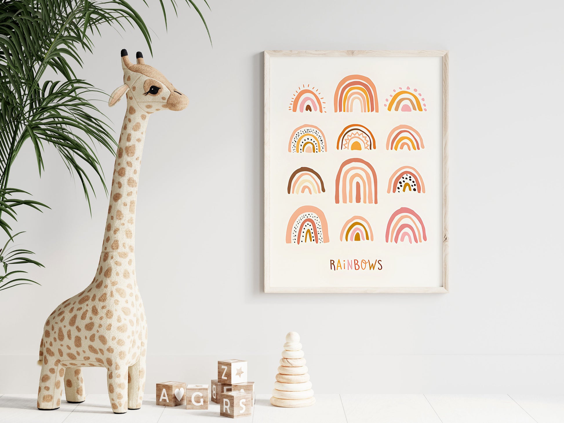 Lustiges Kinderzimmerposter mit verschiedenen Regenbögen in Warmtönen, perfekt für kreative Wandgestaltung von justgoodmood - Poster Kinderzimmer Sonnenstrahlen Regenbogen Herzen Blumen.
