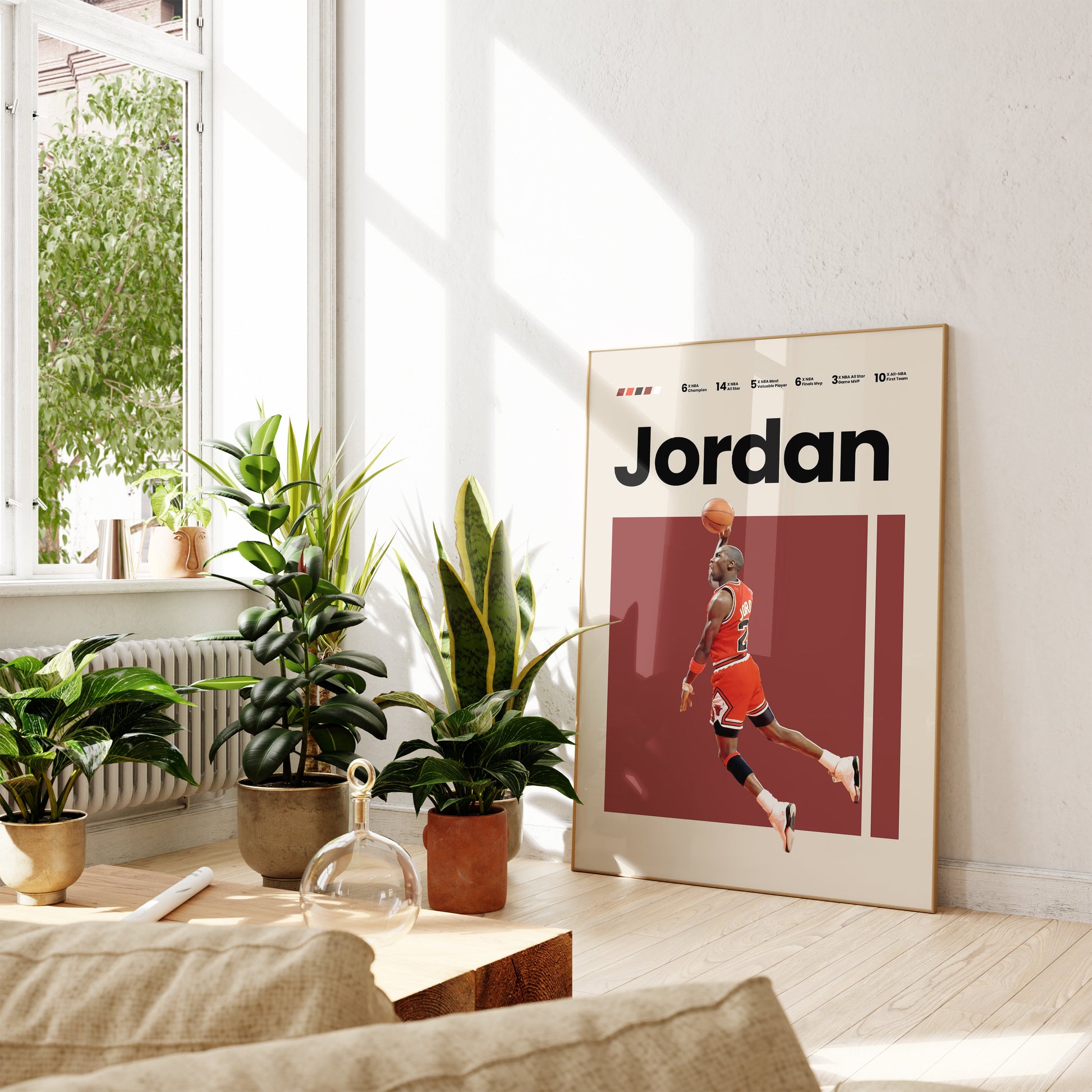 Gemütliches Wohnzimmer mit Michael Jordan Poster von justgoodmood, eine tolle Ergänzung für jeden Raum und für Basketballfans.