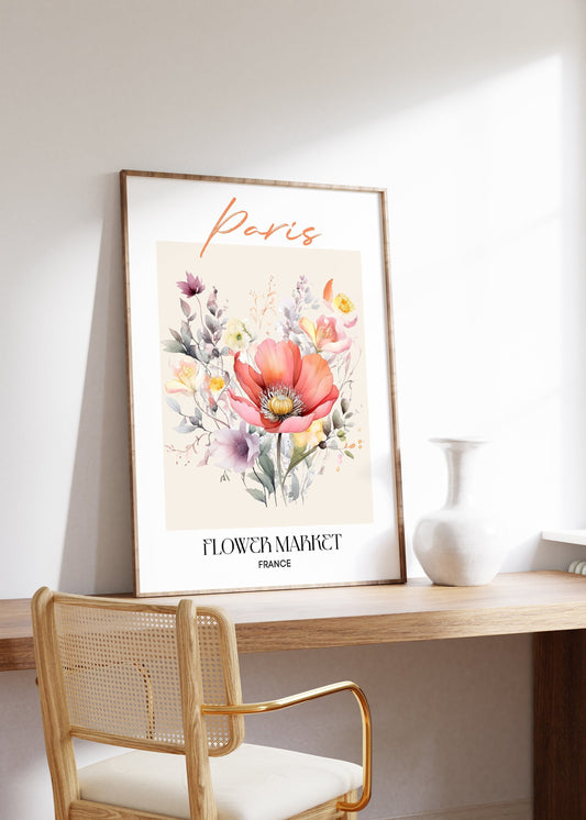 Paris Flower Market France Design Poster I Geschenkidee I Wanddeko Wohnzimmer Küche I Skandinavisches Design I Deko Print ohne Rahmen