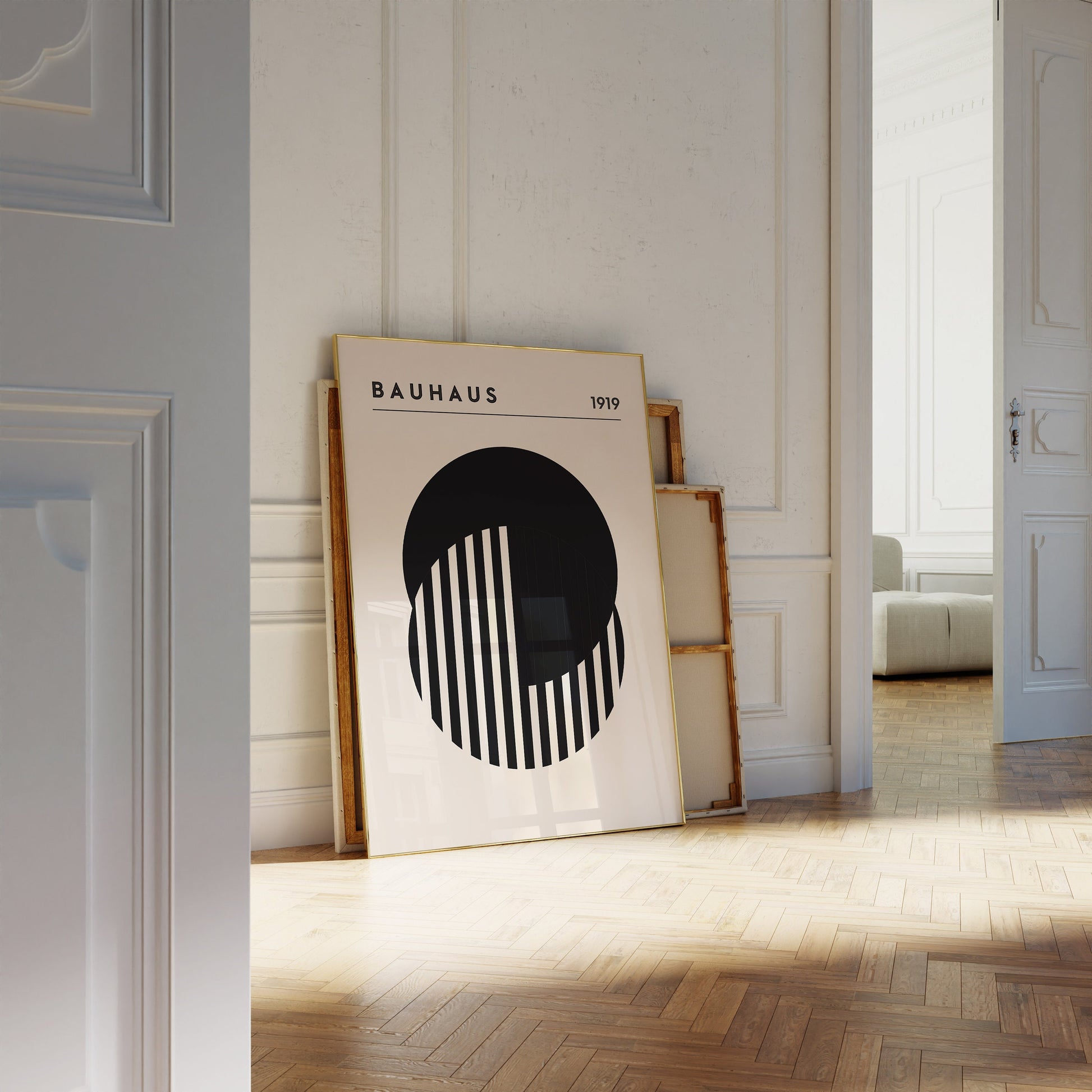 Bauhaus Ausstellung Poster von justgoodmood, elegantes Kunstwerk in schwarz-weiß, perfekt für minimalistisches Wohndesign.