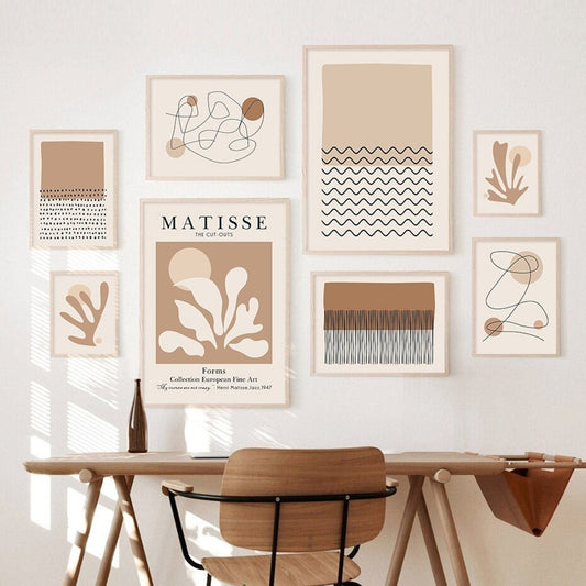 Poster Abstrakte Formen in Beige Braun und Linien Punkt Muster als Deko Print ohne Rahmen - justgoodmood
