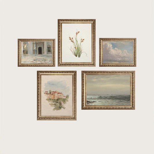 Poster Aquarell Marokkanische Architektur Meeresküste Wolken und Pflanze als Deko Print ohne Rahmen - justgoodmood