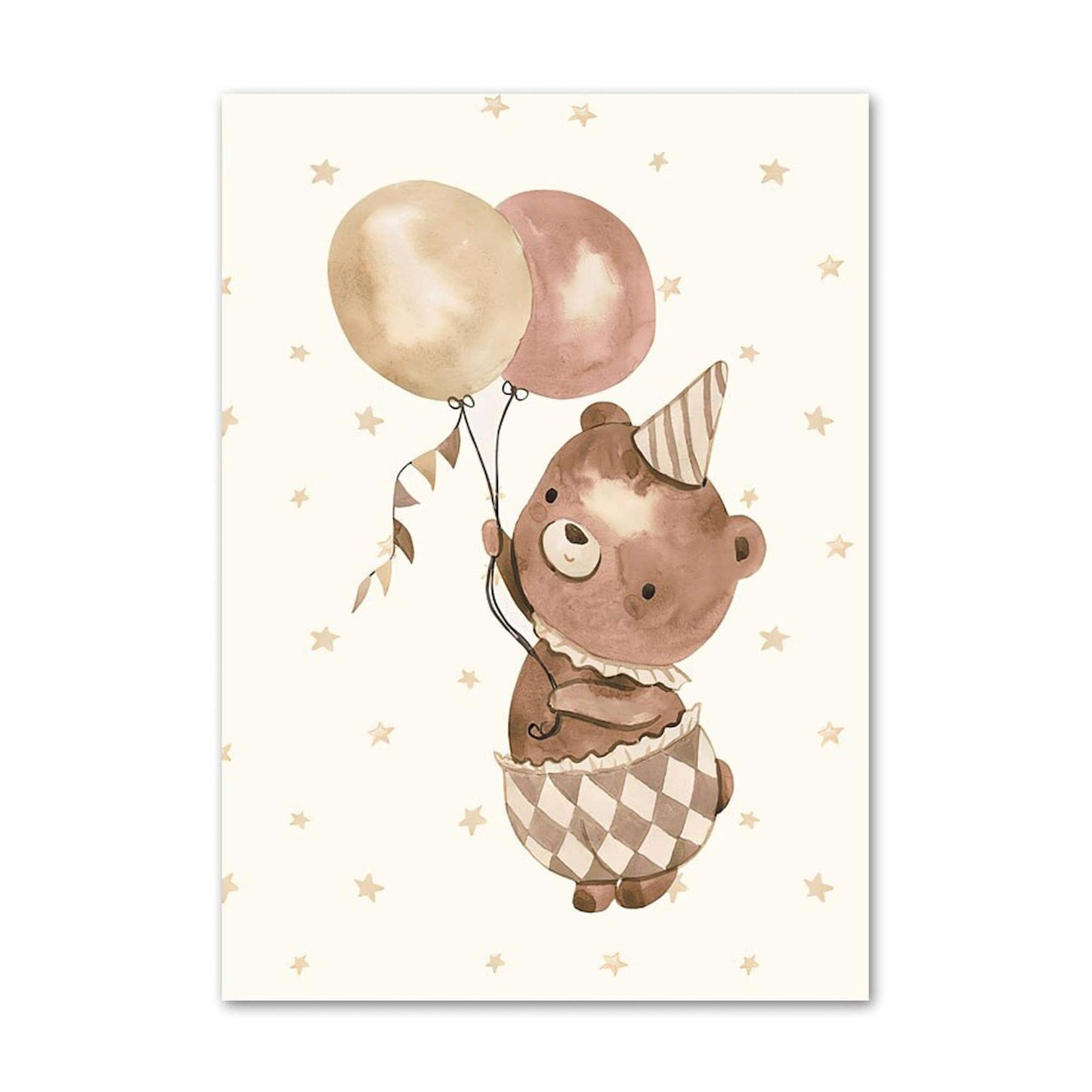 Poster Babyzimmer Bilder Löwe und Bär mit Luftballons Regenbogen Elefant und Hase fliegt und Sternenhimmel als Deko Print ohne Rahmen - justgoodmood