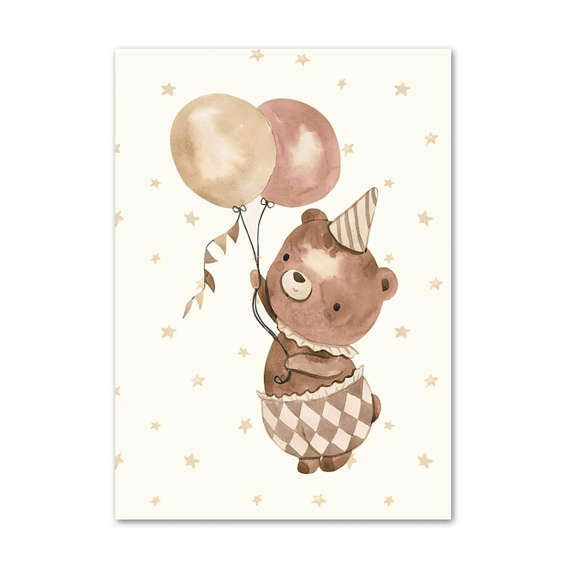 Poster Babyzimmer Bilder Löwe und Bär mit Luftballons Regenbogen Elefant und Hase fliegt und Sternenhimmel als Deko Print ohne Rahmen - justgoodmood