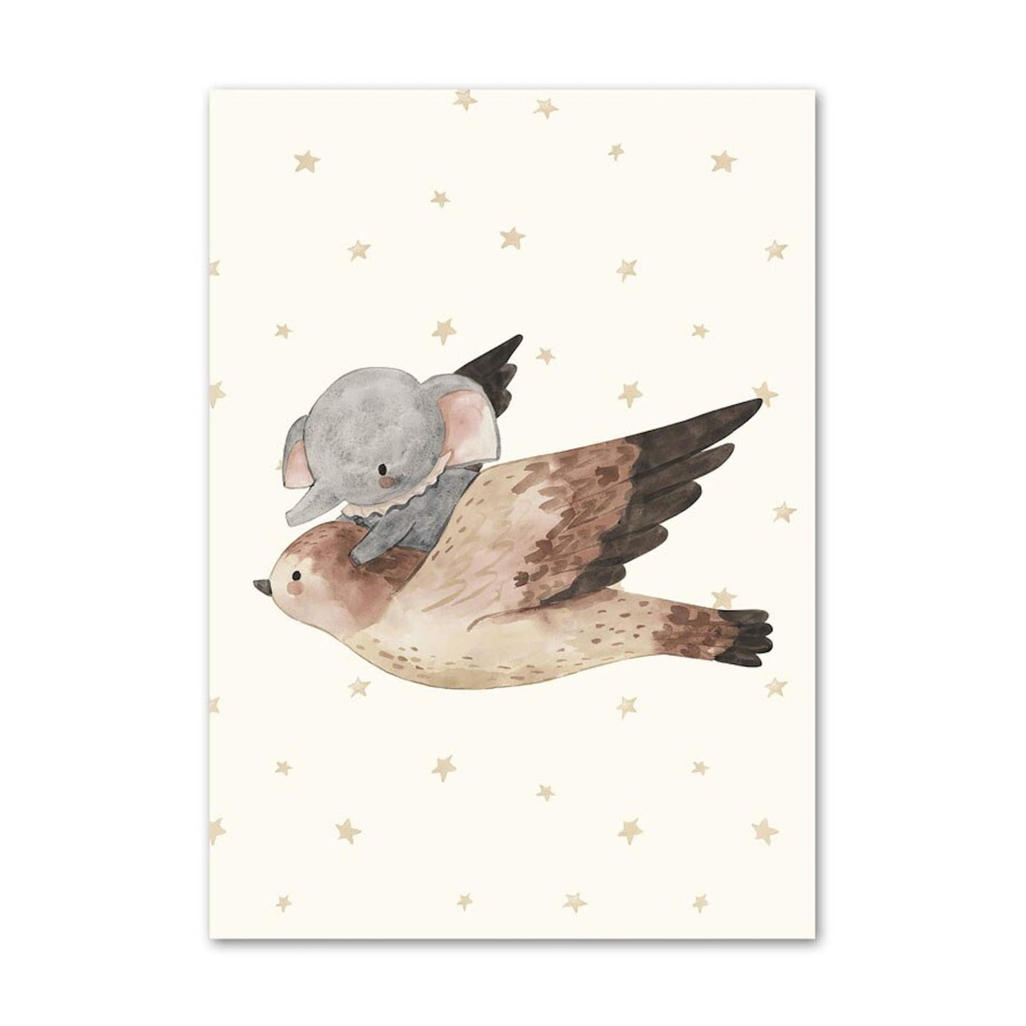 Poster Babyzimmer Bilder Löwe und Bär mit Luftballons Regenbogen Elefant und Hase fliegt und Sternenhimmel als Deko Print ohne Rahmen - justgoodmood