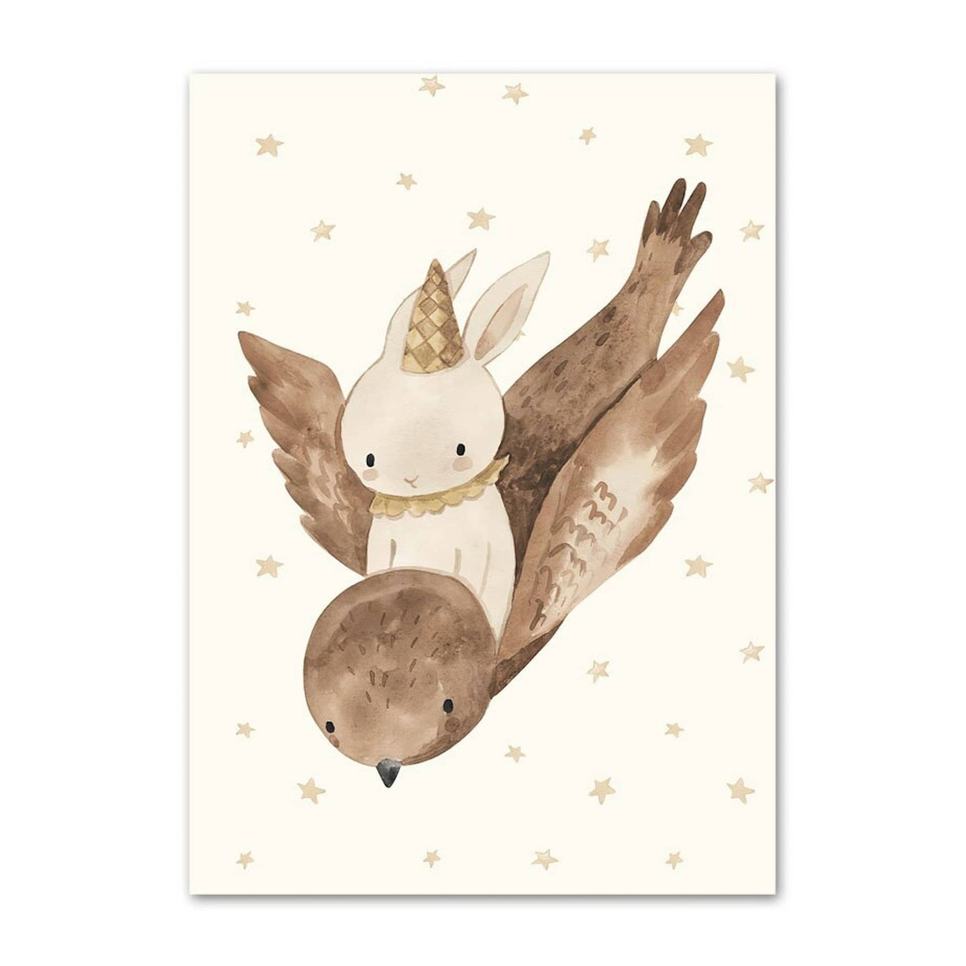 Poster Babyzimmer Bilder Löwe und Bär mit Luftballons Regenbogen Elefant und Hase fliegt und Sternenhimmel als Deko Print ohne Rahmen - justgoodmood