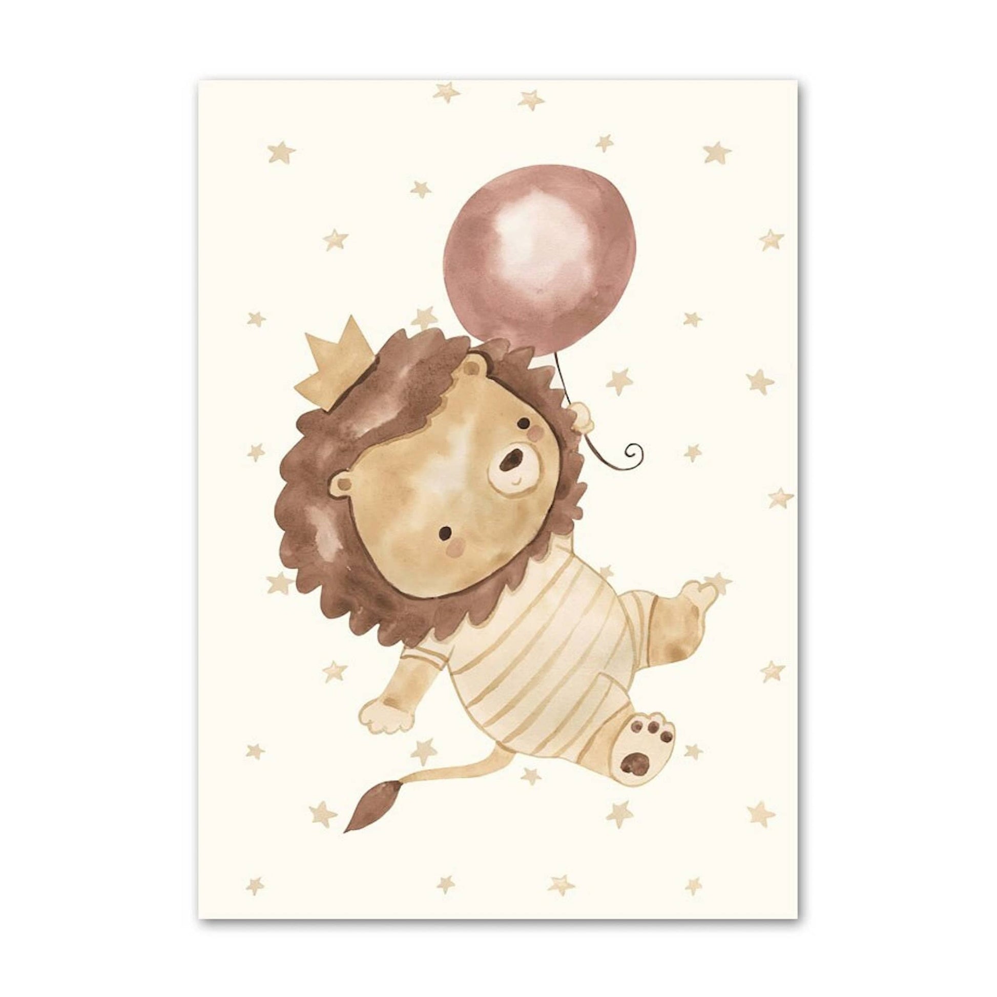 Poster Babyzimmer Bilder Löwe und Bär mit Luftballons Regenbogen Elefant und Hase fliegt und Sternenhimmel als Deko Print ohne Rahmen - justgoodmood