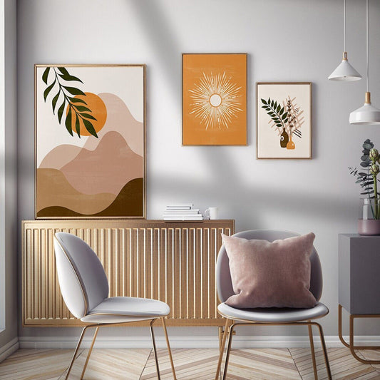 Poster Boho Abtrakt Sonne Berge und Pflanzen im Blumetopf als Deko Print ohne Rahmen - justgoodmood