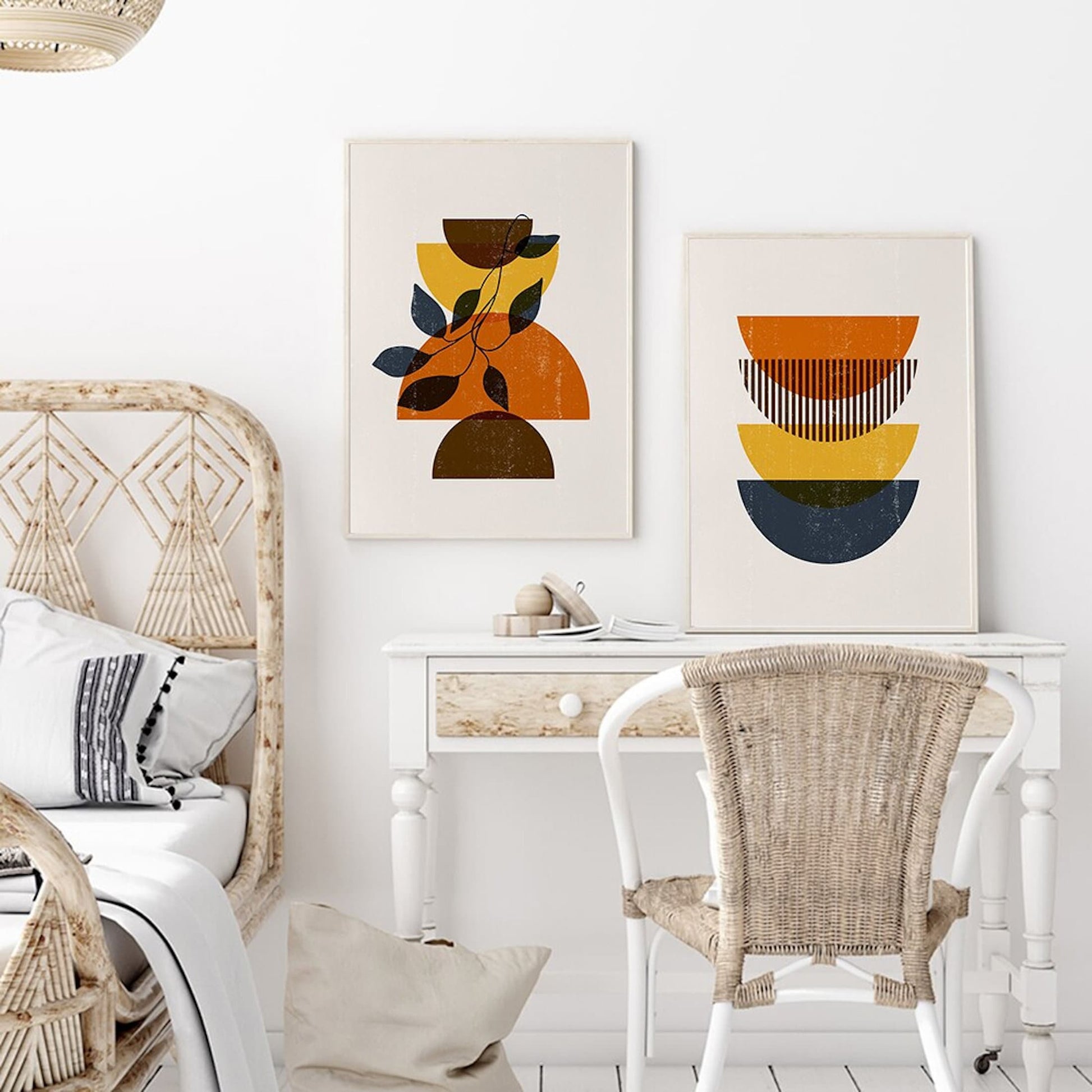 Poster Boho Abtrakt Sonne Halbkreise und Blätter mit Gelbtönen als Deko Print ohne Rahmen - justgoodmood