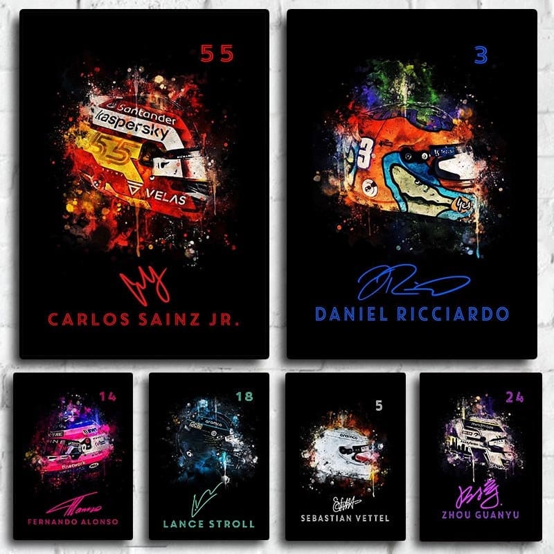 Poster Formel 1 Helm Aquarell Rennfahrer Name Unterschrift Rennnummer I Deko Print ohne Rahmen - justgoodmood