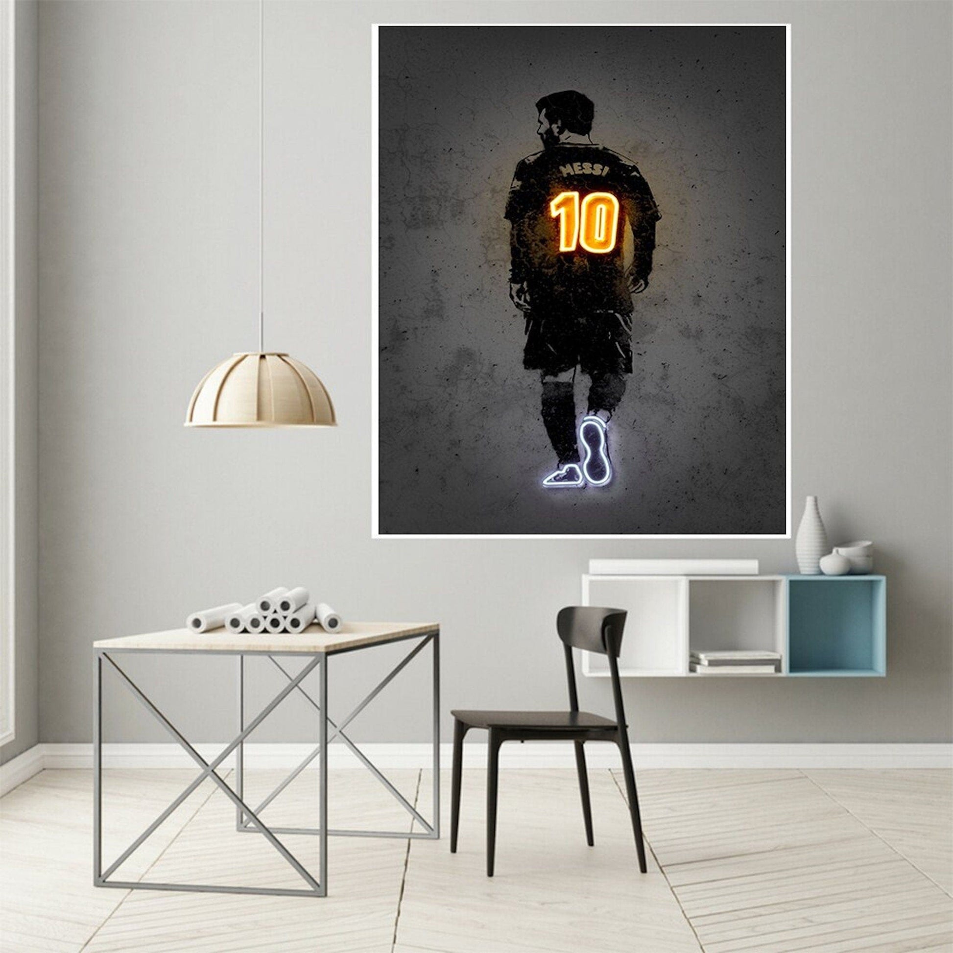 Poster Fußball Lionel Messi Nummer 10 Christiano Ronaldo 7 und Neymar Jr. 10 mit Neon Leucht Trikotnummer als Deko Print ohne Rahmen - justgoodmood