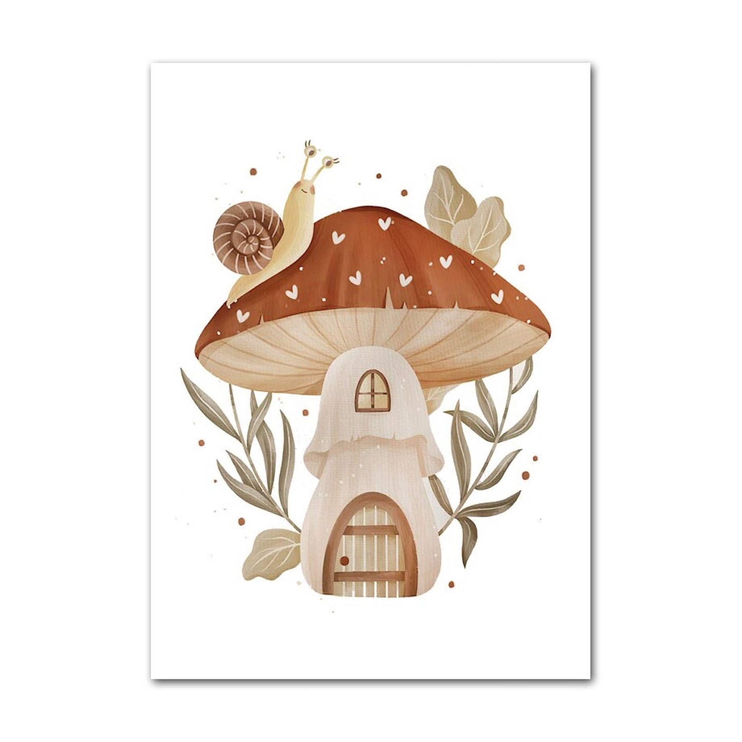 Poster Kinder süße Tiere im Boho Stil Bär Eichhörnchen Schnecke Pilzhaus und Blumen als Deko Print ohne Rahmen - justgoodmood