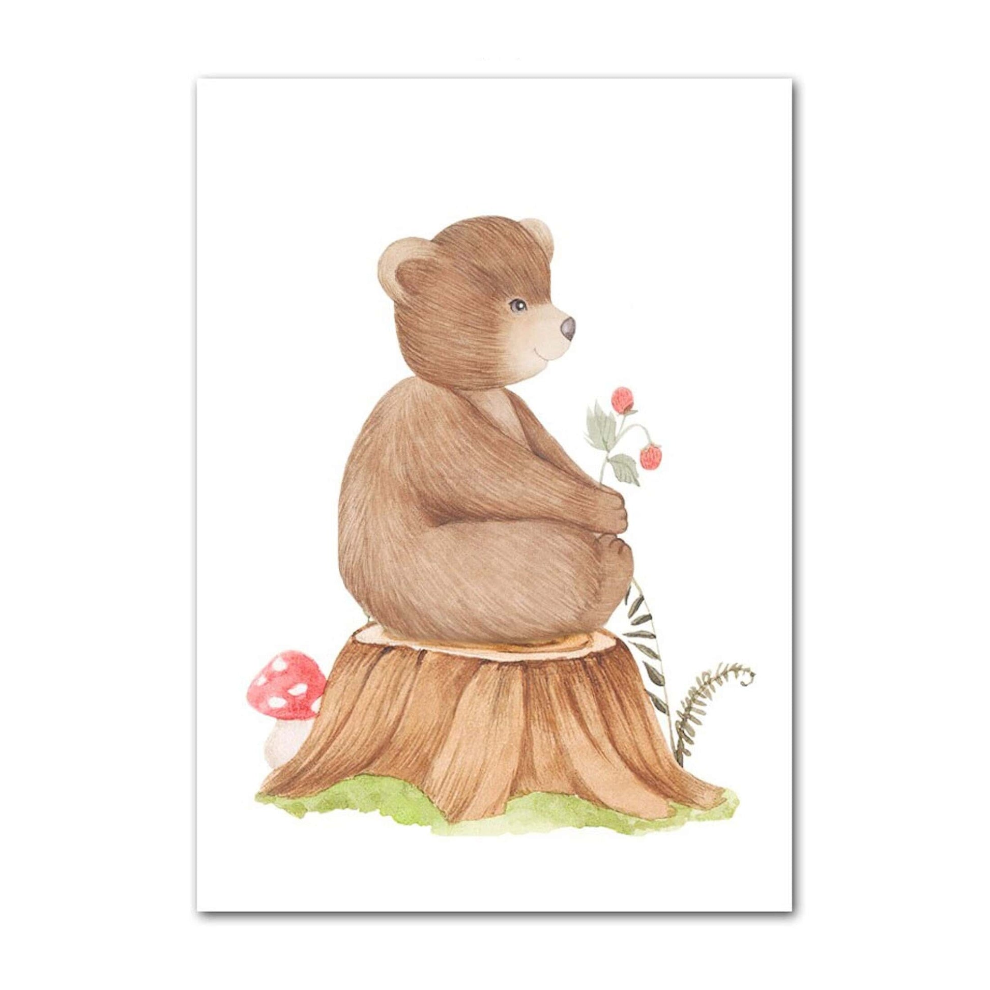 Poster Kinder süße Tiere im Boho Stil Bär Eichhörnchen Schnecke Pilzhaus und Blumen als Deko Print ohne Rahmen - justgoodmood