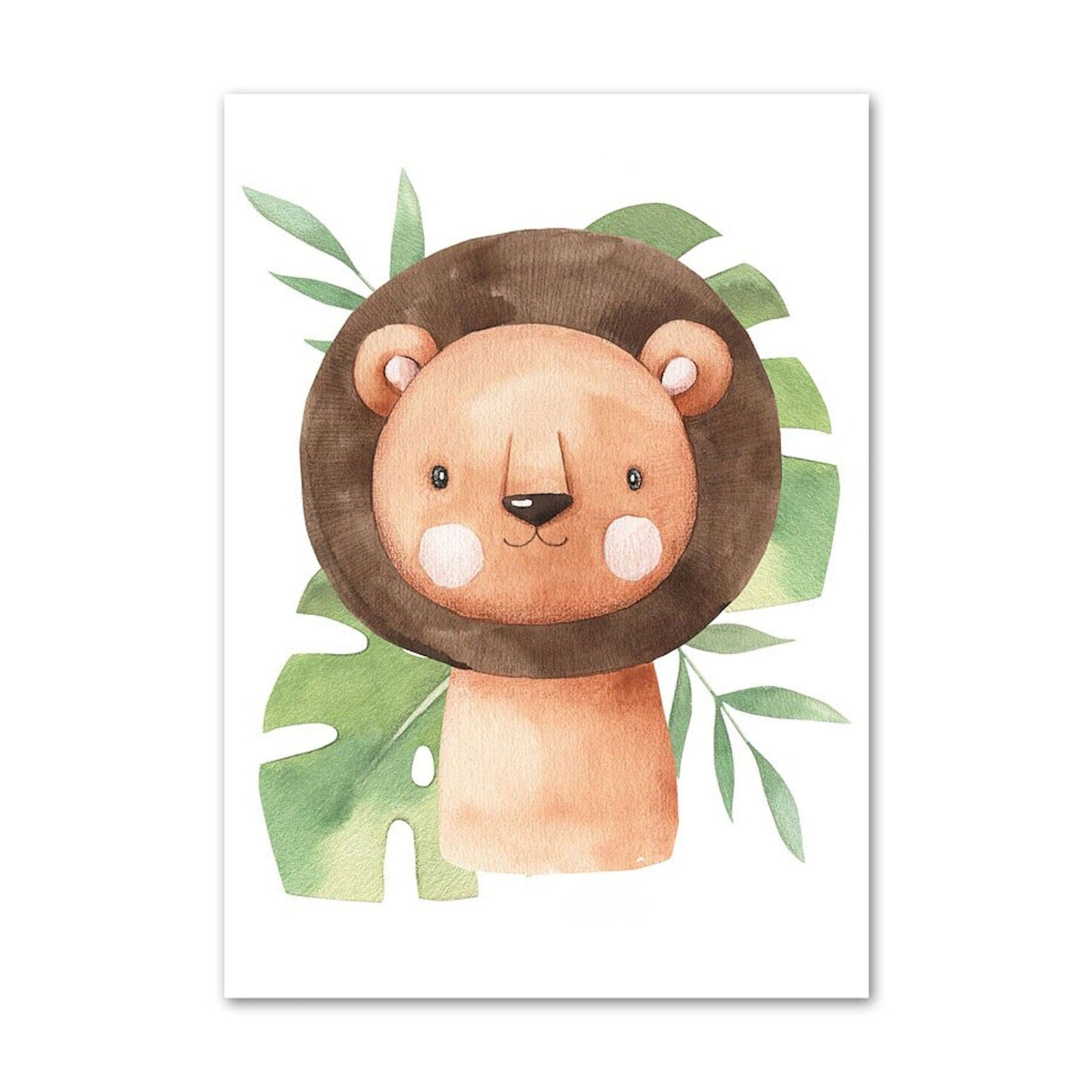 Poster Kinder süße Tiere mit Grünem Blatt Pandabär Giraffe Elefant Löwe Zebra Affe und Tiger als Deko Print ohne Rahmen - justgoodmood