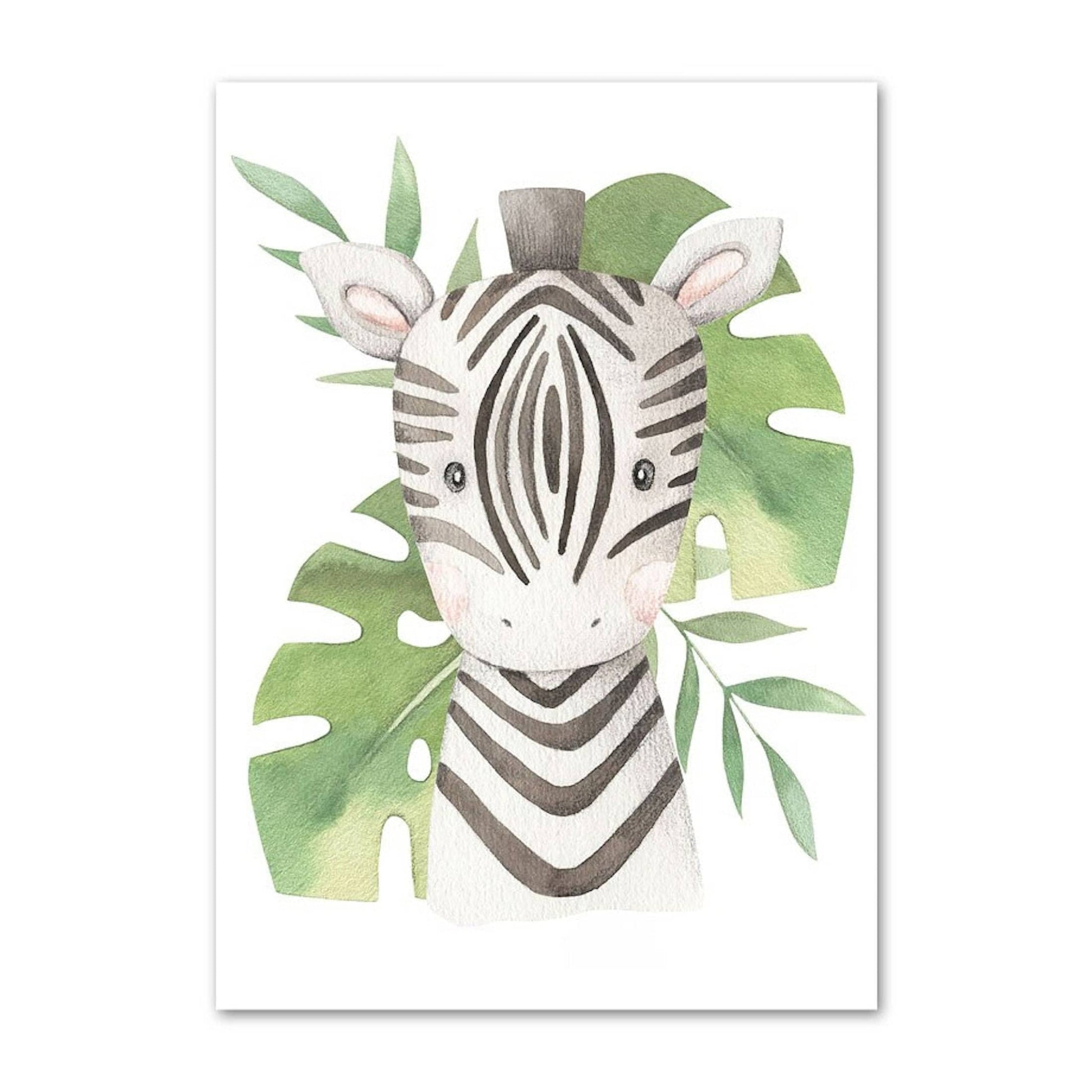 Poster Kinder süße Tiere mit Grünem Blatt Pandabär Giraffe Elefant Löwe Zebra Affe und Tiger als Deko Print ohne Rahmen - justgoodmood