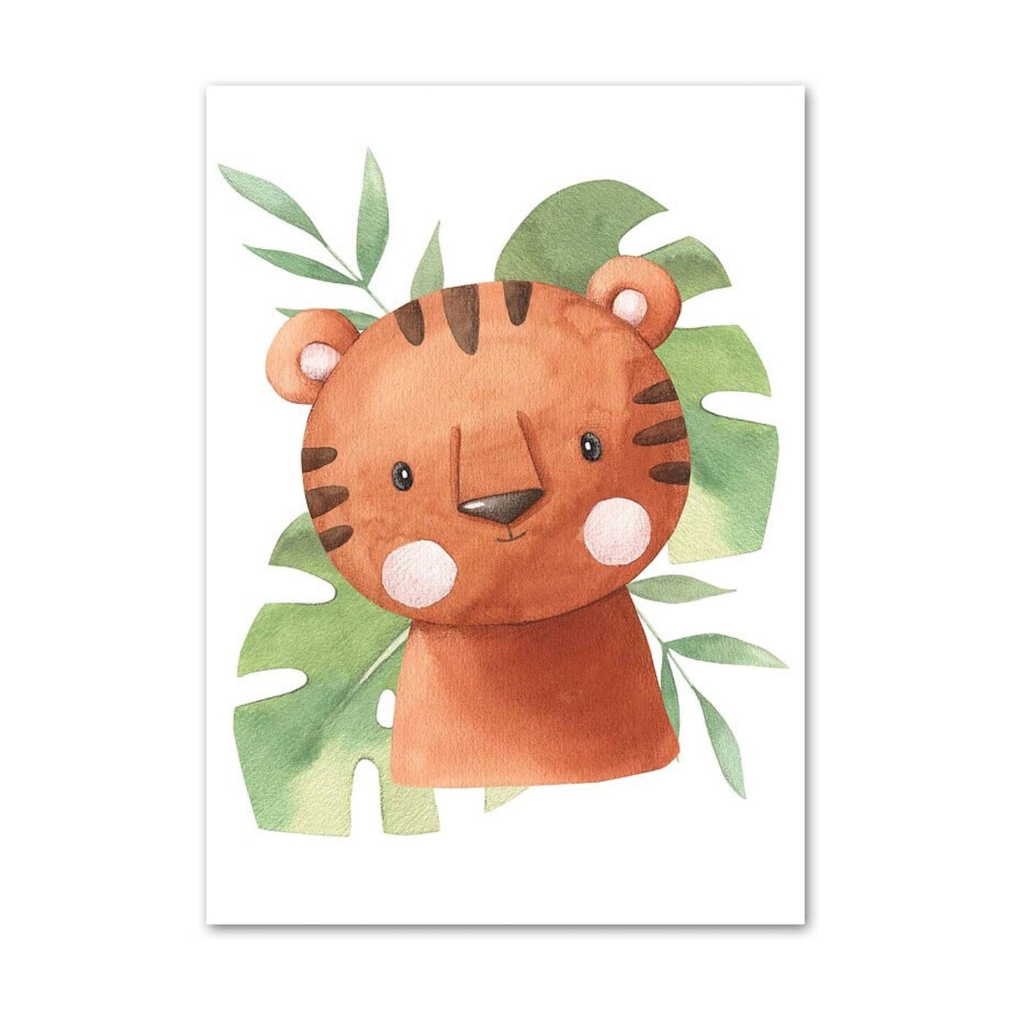 Poster Kinder süße Tiere mit Grünem Blatt Pandabär Giraffe Elefant Löwe Zebra Affe und Tiger als Deko Print ohne Rahmen - justgoodmood