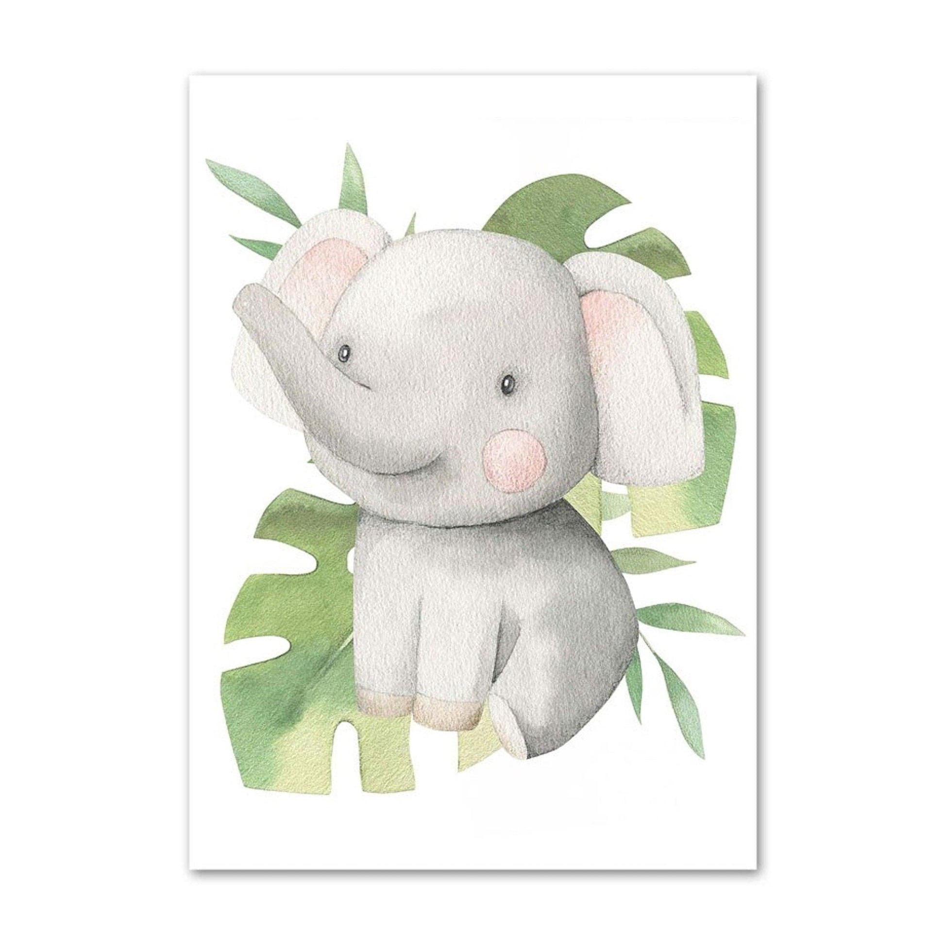 Poster Kinder süße Tiere mit Grünem Blatt Pandabär Giraffe Elefant Löwe Zebra Affe und Tiger als Deko Print ohne Rahmen - justgoodmood