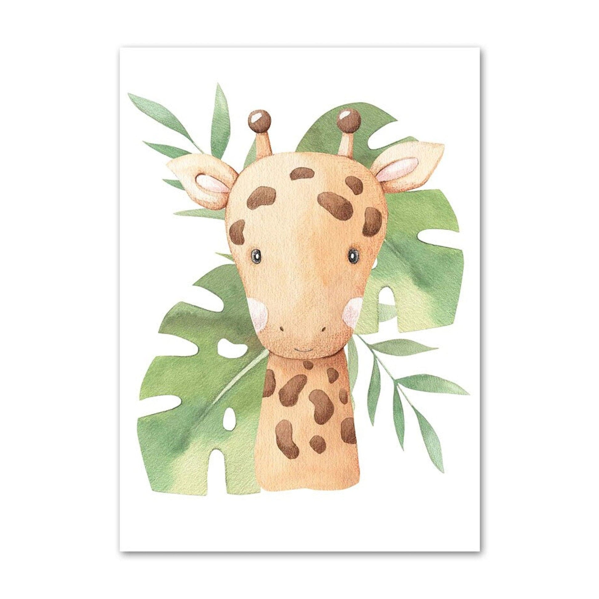 Poster Kinder süße Tiere mit Grünem Blatt Pandabär Giraffe Elefant Löwe Zebra Affe und Tiger als Deko Print ohne Rahmen - justgoodmood