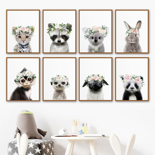 Poster Kinder Tiere mit Blumenkranz Hase Panda und Koala Bär als Deko Print ohne Rahmen - justgoodmood
