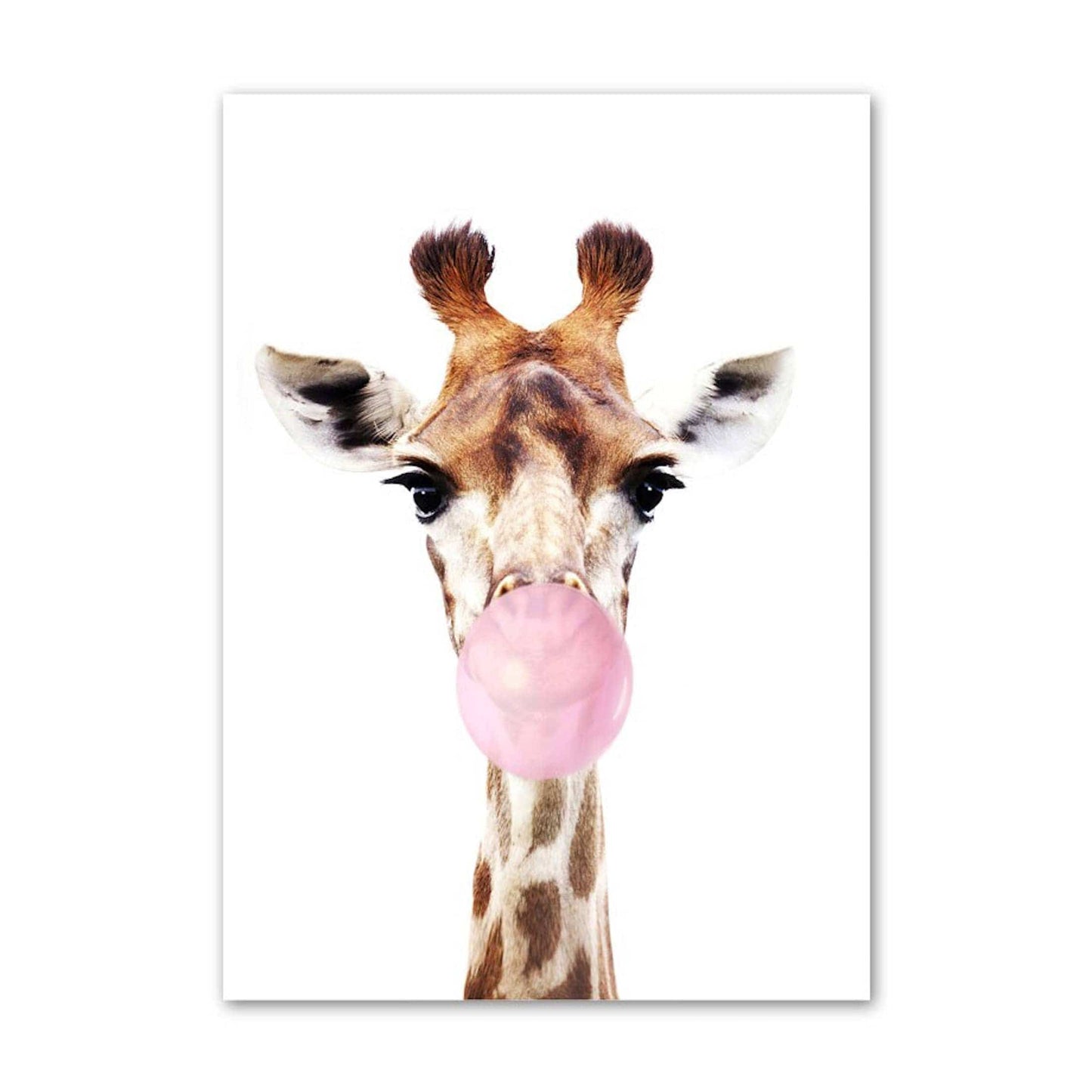 Poster Kinder Tiere mit rosa Kaugummi Giraffe Hase Igel Fuchs und Zebra als Deko Print ohne Rahmen - justgoodmood