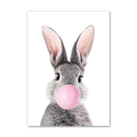Poster Kinder Tiere mit rosa Kaugummi Giraffe Hase Igel Fuchs und Zebra als Deko Print ohne Rahmen - justgoodmood