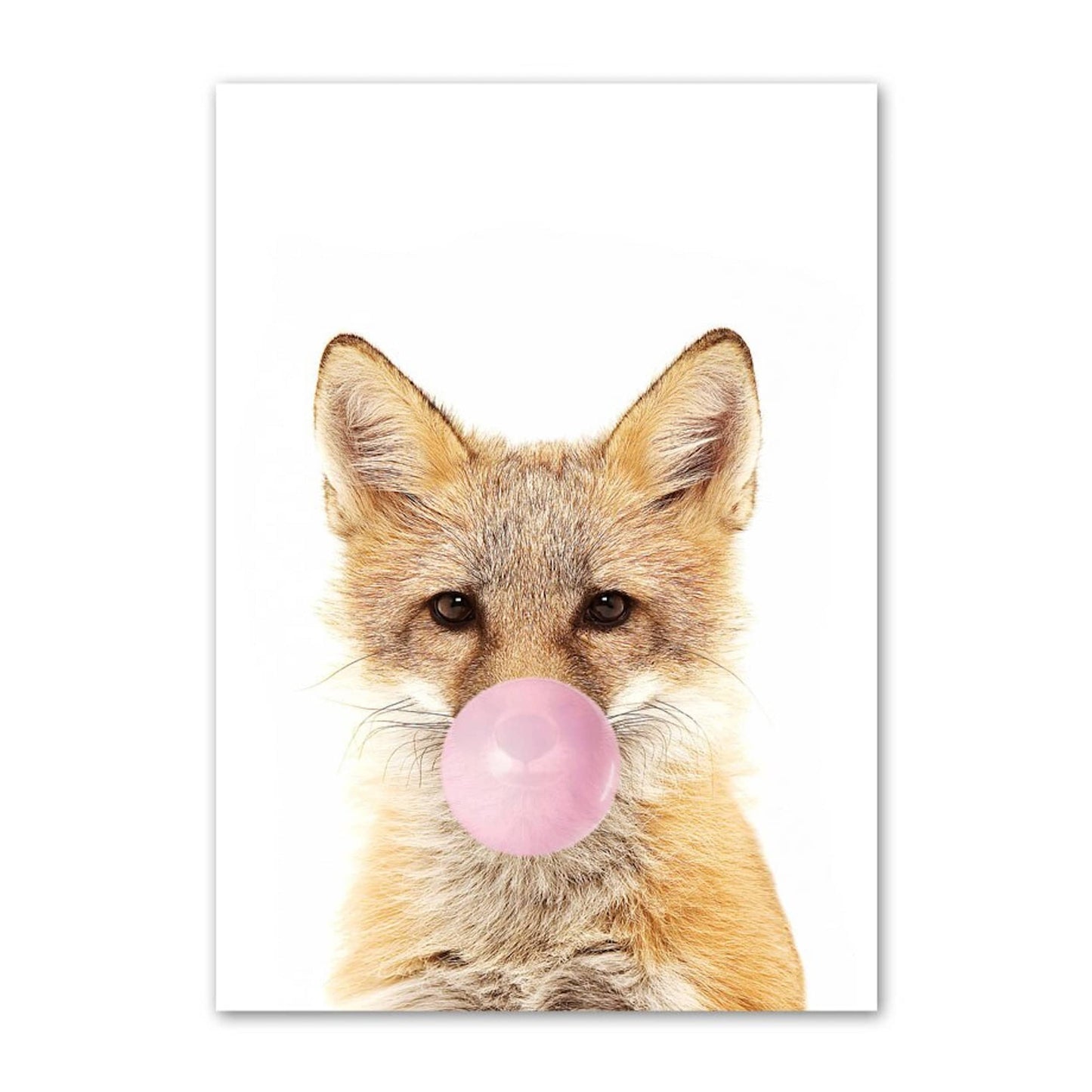 Poster Kinder Tiere mit rosa Kaugummi Giraffe Hase Igel Fuchs und Zebra als Deko Print ohne Rahmen - justgoodmood