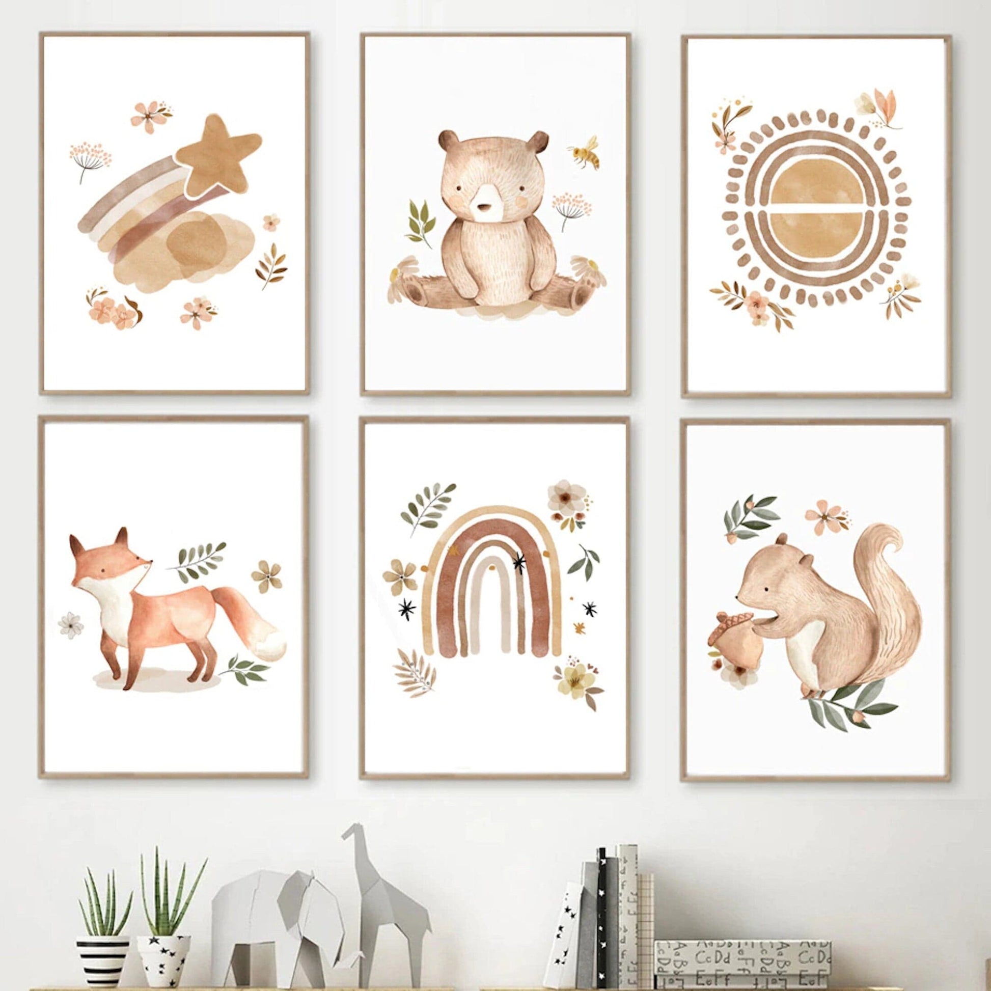 Poster Kinder Tiere Regenbogen Sternschnuppe Eichhörnchen Fuchs Igel Bär und Hase als Deko Print ohne Rahmen - justgoodmood