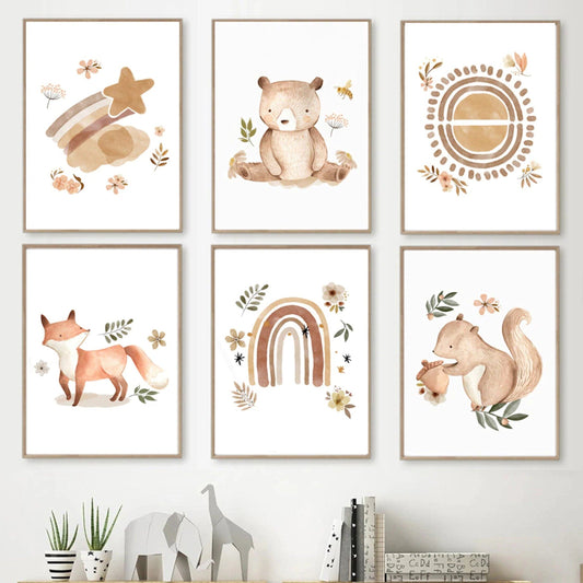 Poster Kinder Tiere Regenbogen Sternschnuppe Eichhörnchen Fuchs Igel Bär und Hase als Deko Print ohne Rahmen - justgoodmood