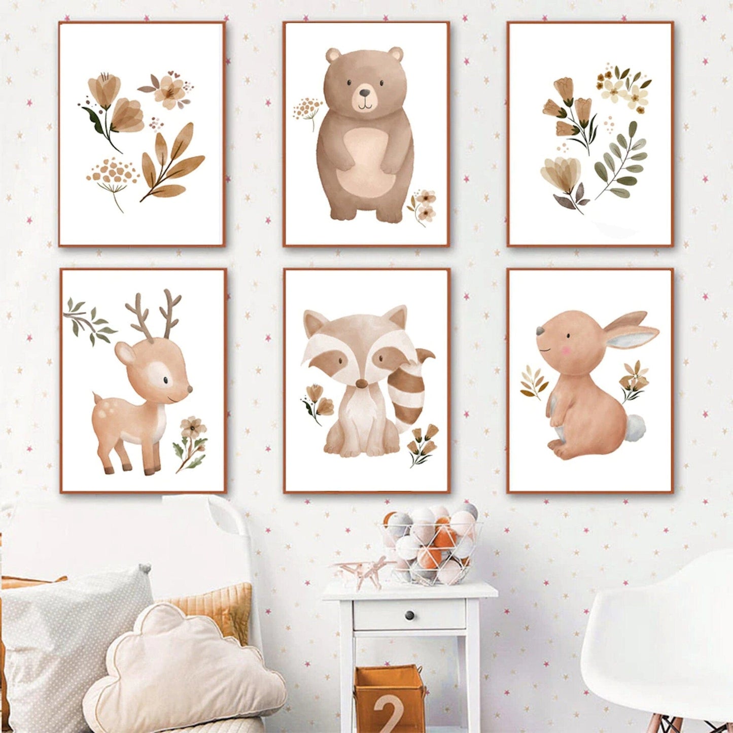 Poster Kinder Tiere Schmetterling Fuchs Eule Blumen Hase Reh und Bär als Deko Print ohne Rahmen - justgoodmood