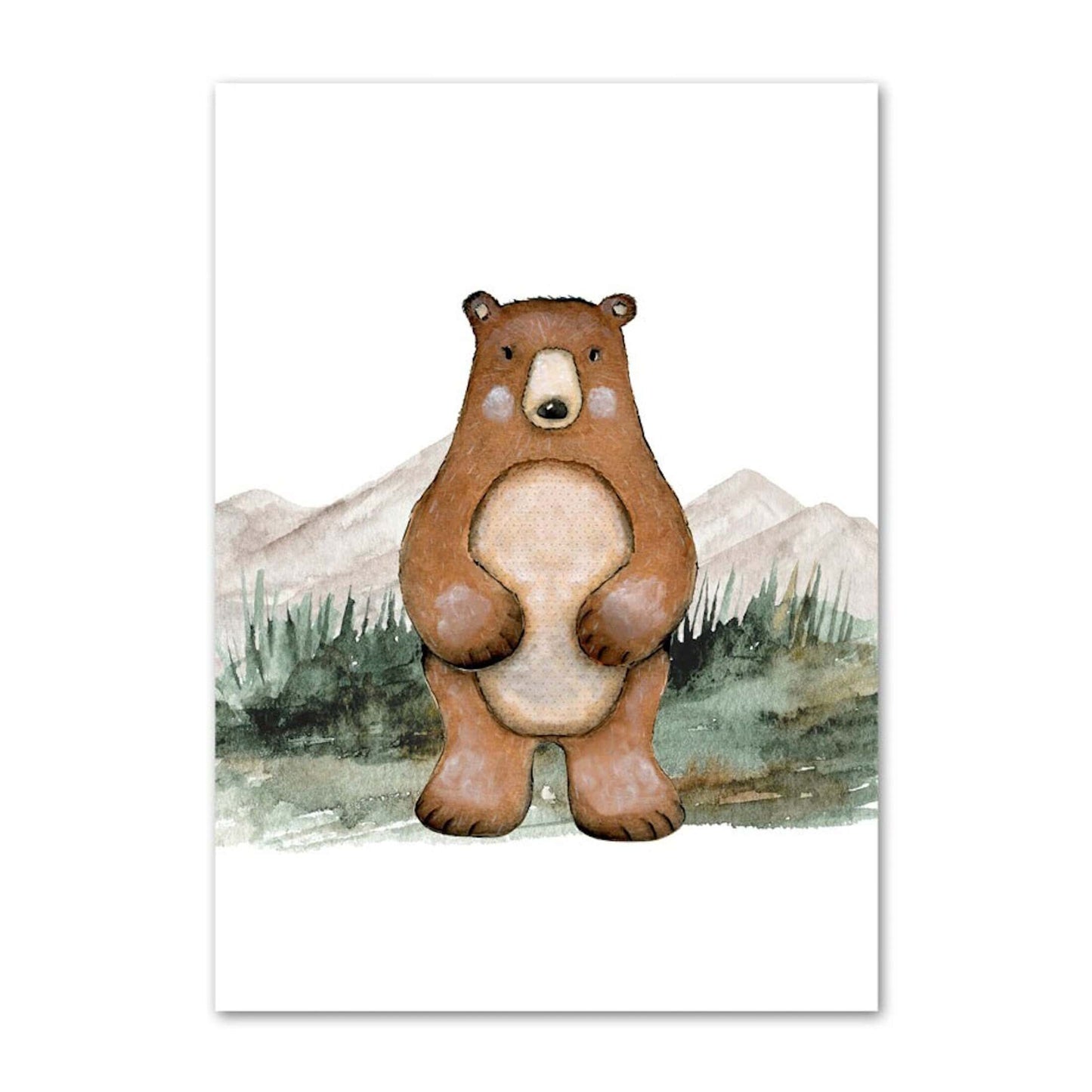 Poster Kinder Wald Tiere Fuchs Waschbär Reh Eule Fuchs Braunbär und Berge als Deko Print ohne Rahmen - justgoodmood