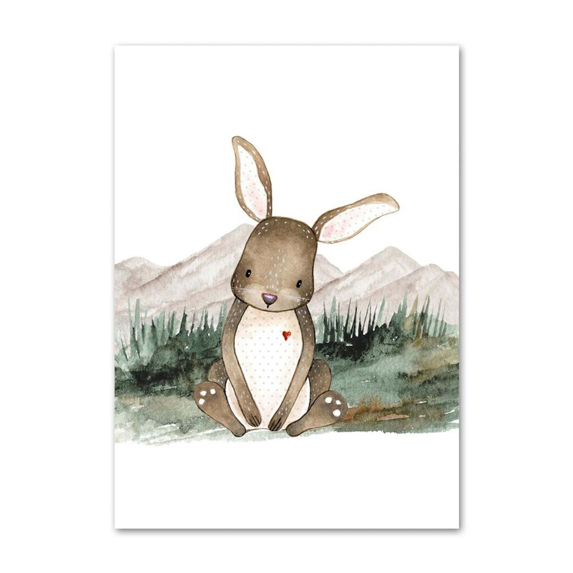 Poster Kinder Wald Tiere Fuchs Waschbär Reh Eule Fuchs Braunbär und Berge als Deko Print ohne Rahmen - justgoodmood