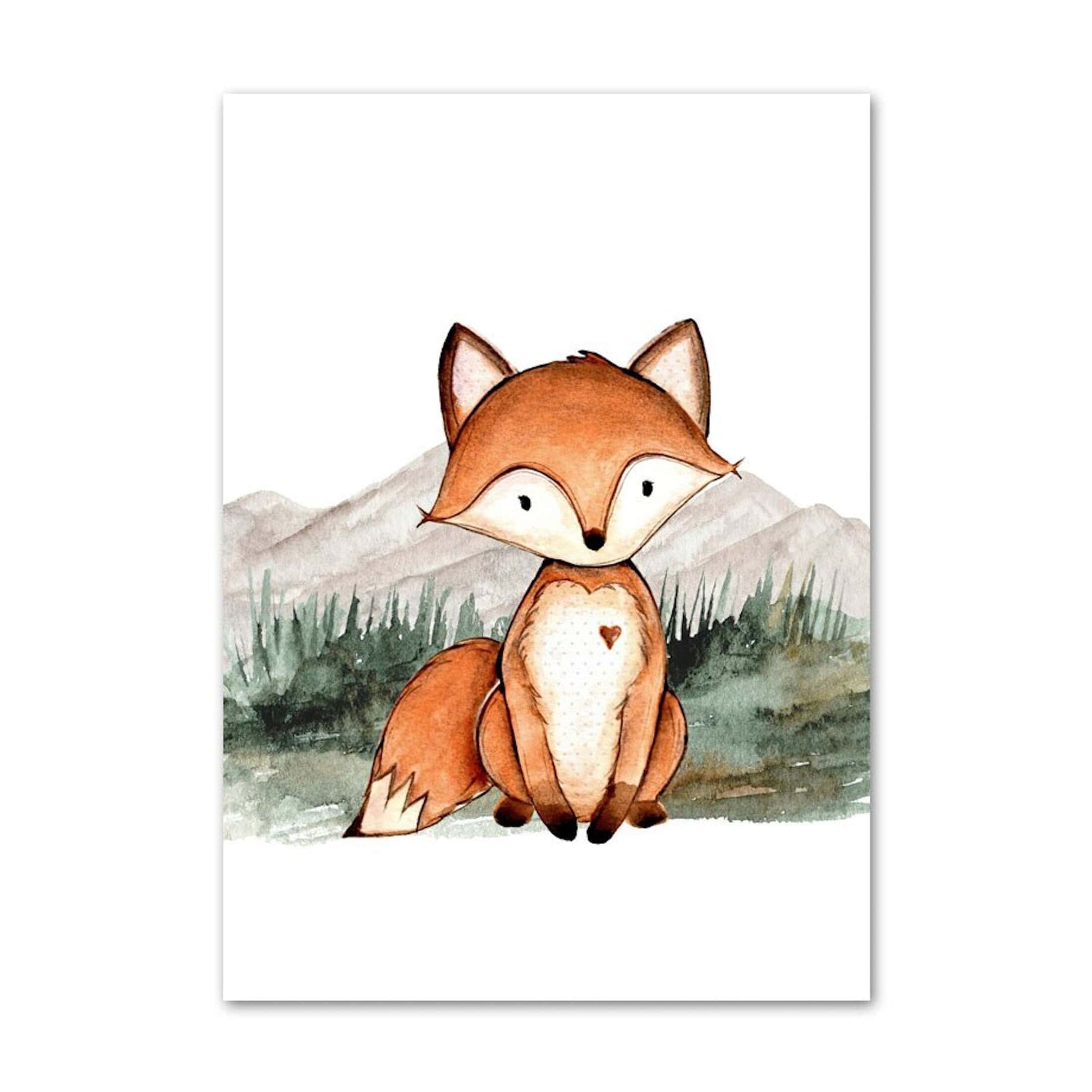 Poster Kinder Wald Tiere Fuchs Waschbär Reh Eule Fuchs Braunbär und Berge als Deko Print ohne Rahmen - justgoodmood