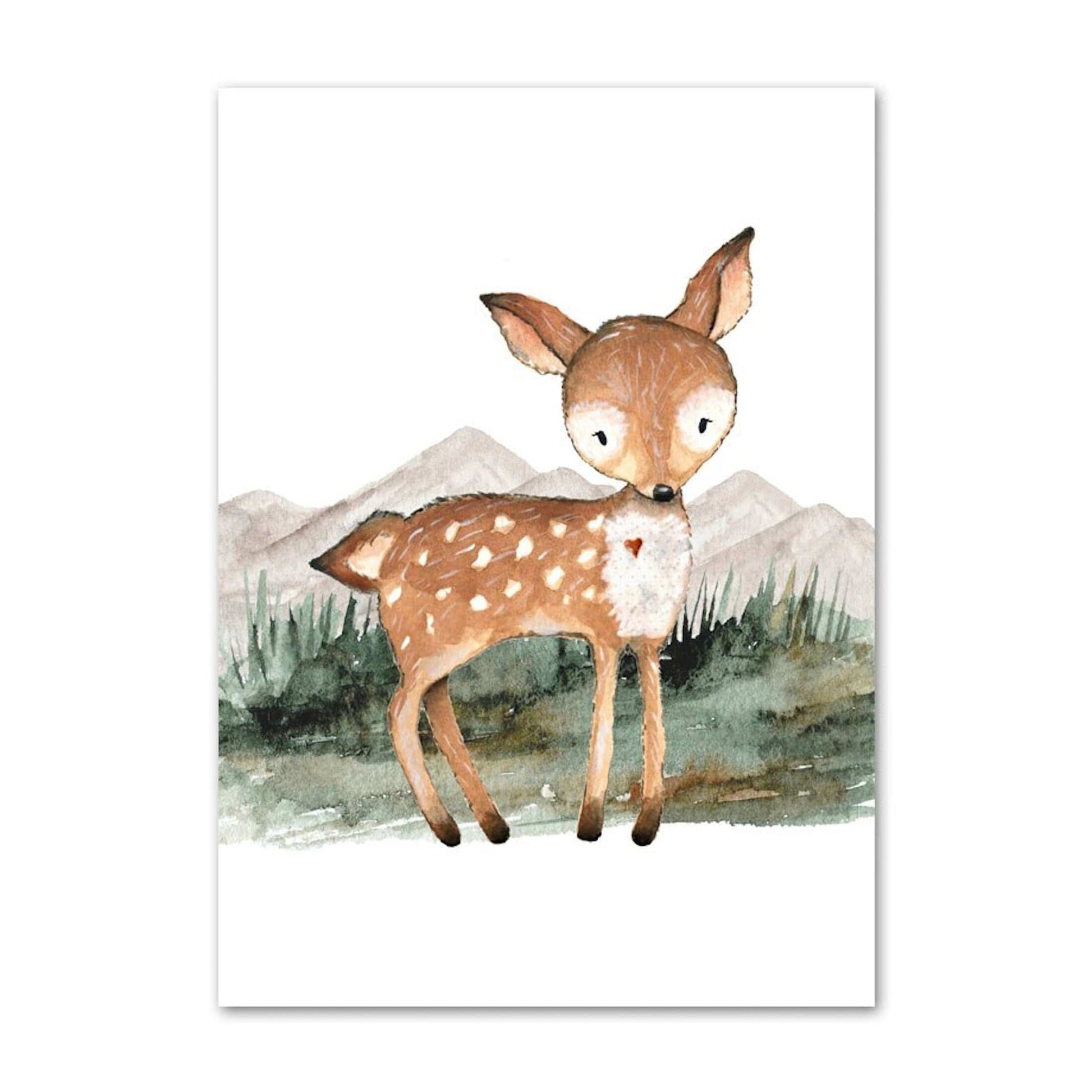 Poster Kinder Wald Tiere Fuchs Waschbär Reh Eule Fuchs Braunbär und Berge als Deko Print ohne Rahmen - justgoodmood