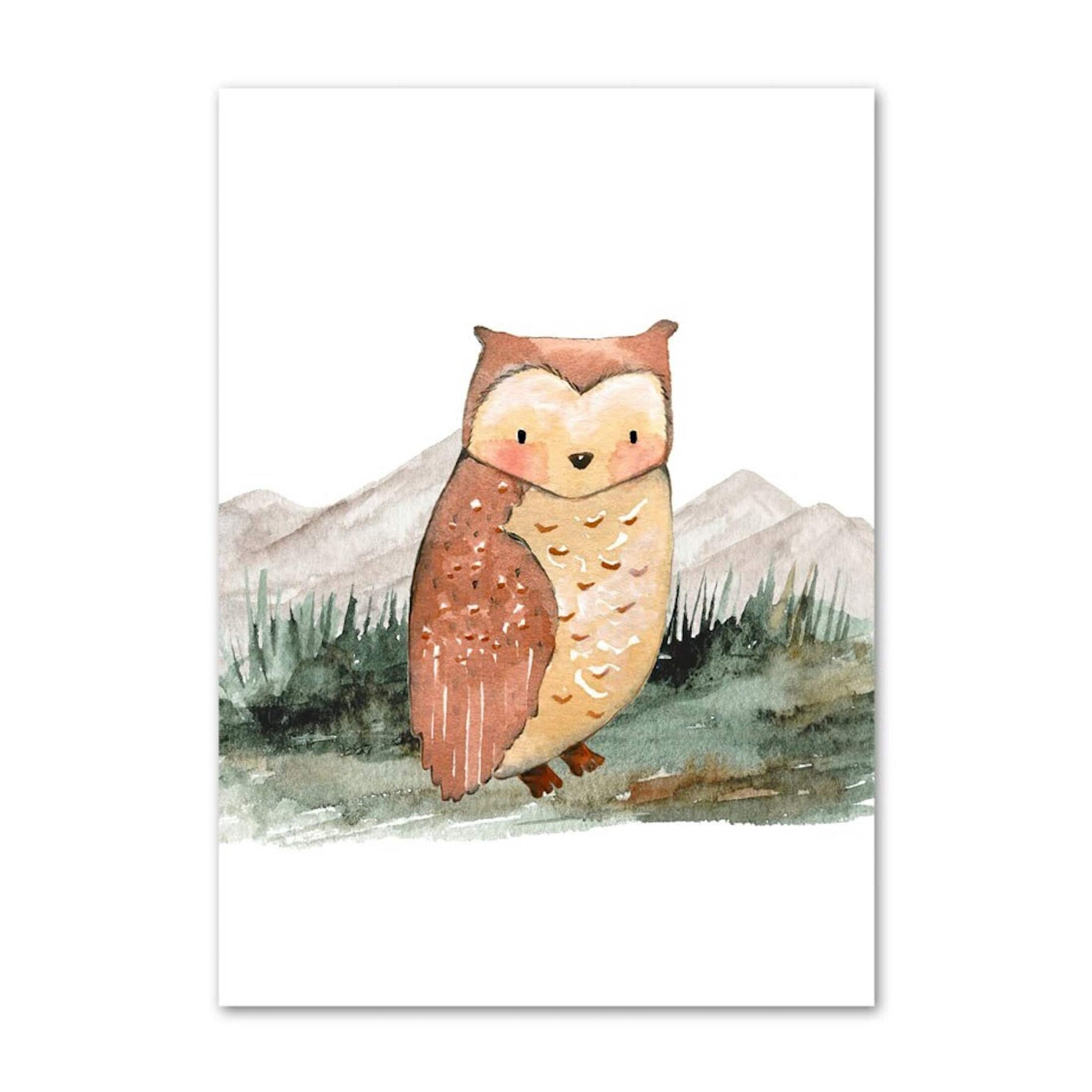 Poster Kinder Wald Tiere Fuchs Waschbär Reh Eule Fuchs Braunbär und Berge als Deko Print ohne Rahmen - justgoodmood