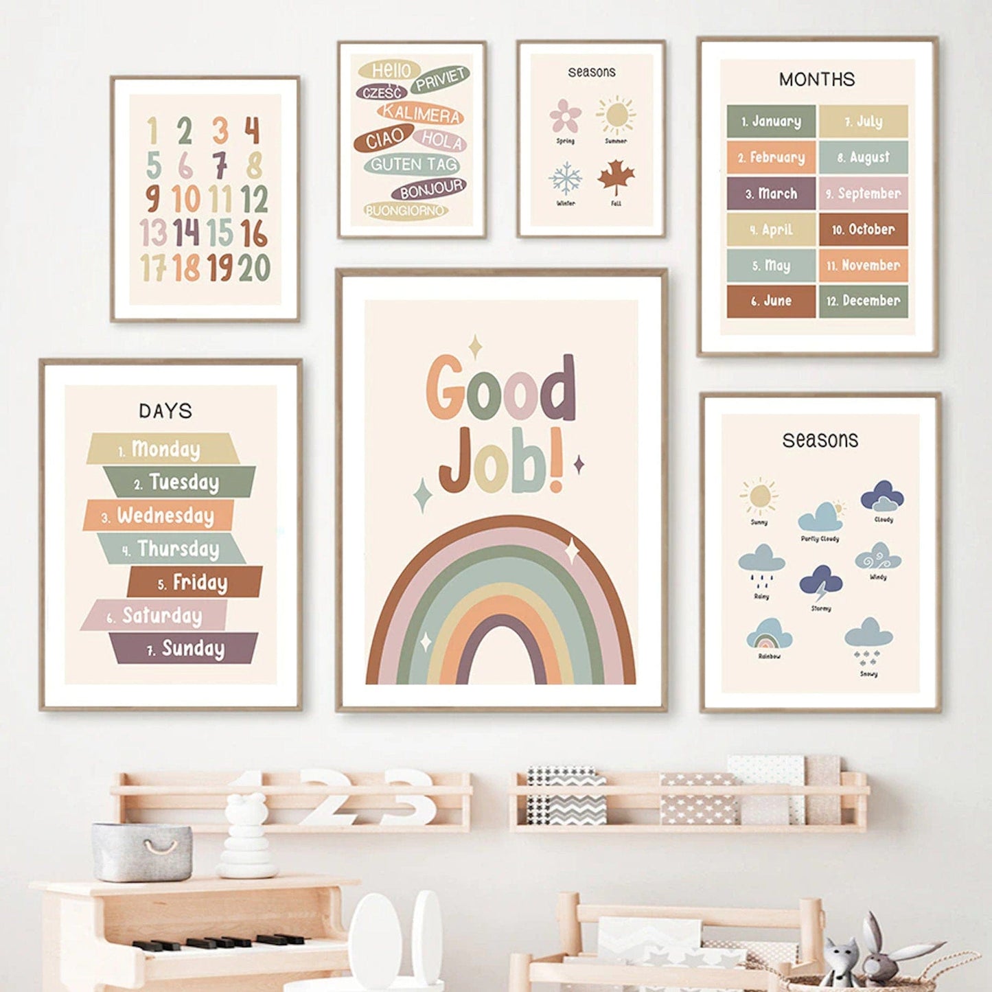 Poster Kinder Zahlen Wochentage Wetter Monate Jahreszeiten und Begrüßung als Deko Print ohne Rahmen - justgoodmood