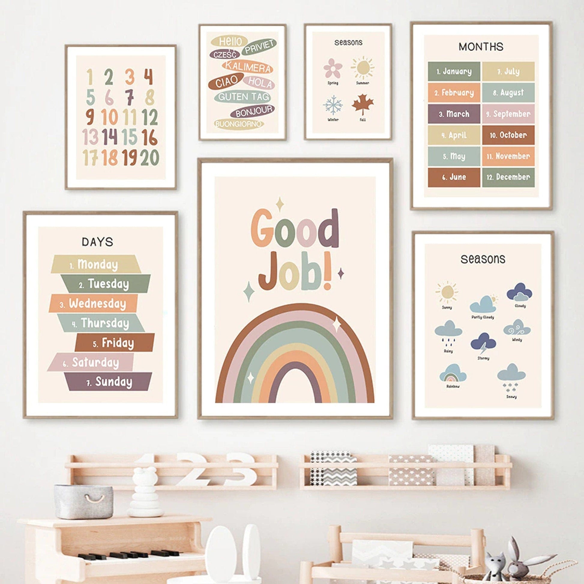 Poster Kinder Zahlen Wochentage Wetter Monate Jahreszeiten und Begrüßung als Deko Print ohne Rahmen - justgoodmood