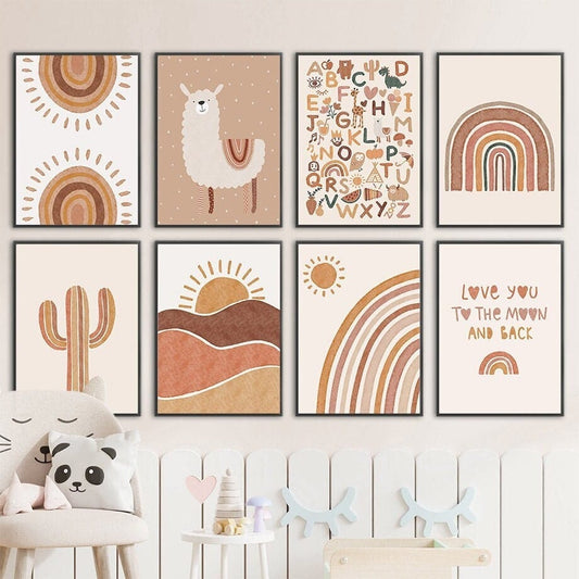 Poster Kinderzimmer Alpaka Regenbogen Kaktus Zeichentrick I Kinderzimmer Bilder I Wand Deko I Kunst Druck I Deko Print I ohne Rahmen - justgoodmood