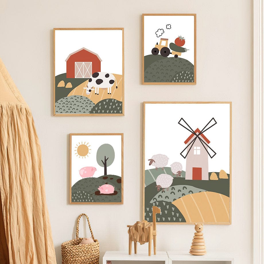 Poster Kinderzimmer Bauernhof Bauer Tiere Kuh Schwein Pferd Hahn I Kinderzimmer Bilder I Wand Deko I Kunst Druck I Deko Print I ohne Rahmen - justgoodmood