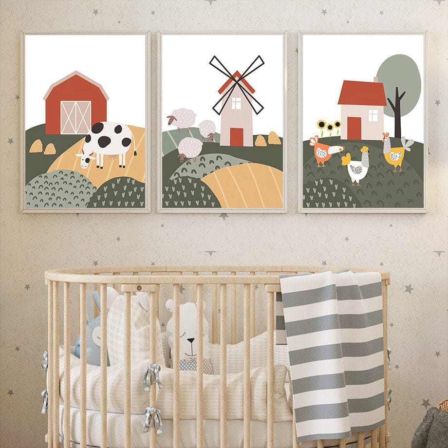 Poster Kinderzimmer Bauernhof Bauer Tiere Kuh Schwein Pferd Hahn I Kinderzimmer Bilder I Wand Deko I Kunst Druck I Deko Print I ohne Rahmen - justgoodmood