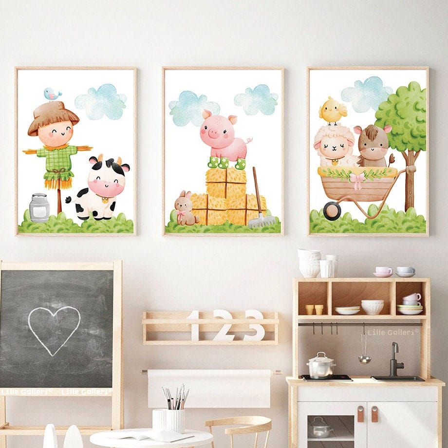 Poster Kinderzimmer Bauernhof süße Tiere Bauer Vogelscheuche I Kinderzimmer Bilder I Wand Deko I Kunst Druck I Deko Print I ohne Rahmen - justgoodmood