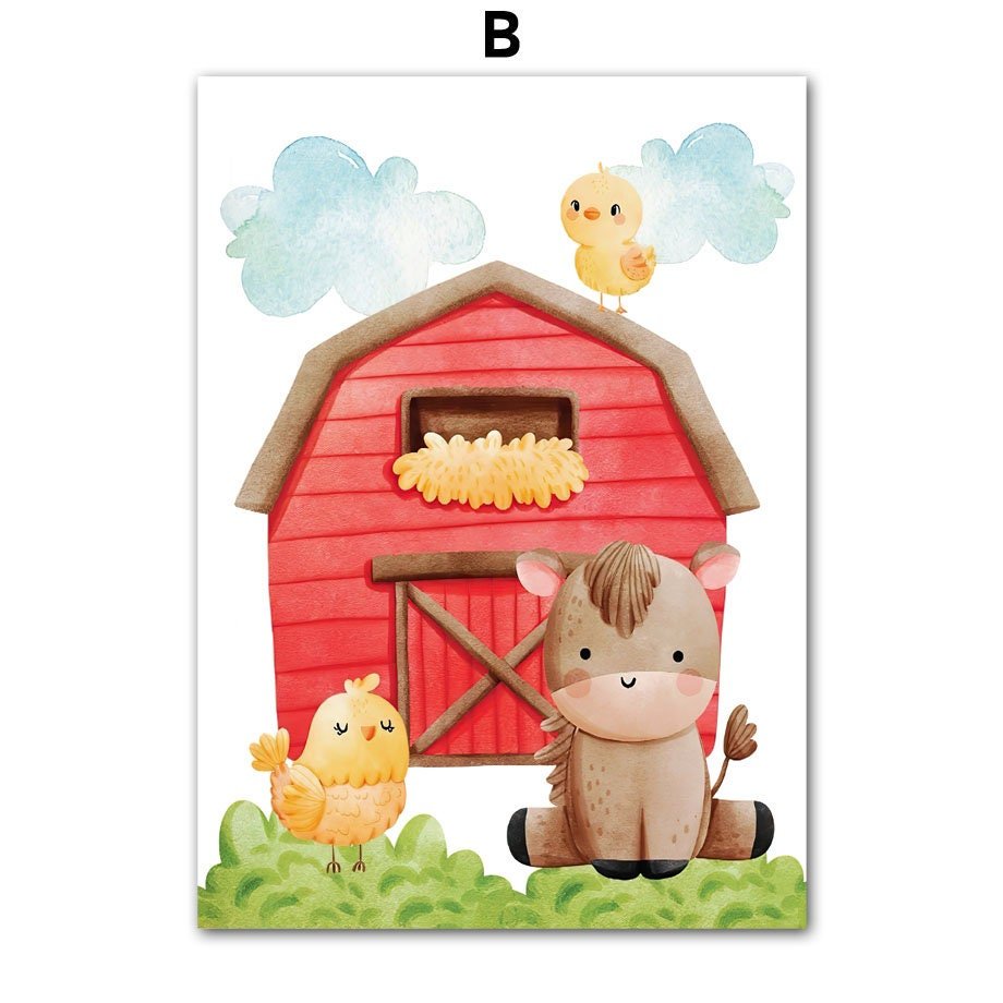 Poster Kinderzimmer Bauernhof süße Tiere Bauer Vogelscheuche I Kinderzimmer Bilder I Wand Deko I Kunst Druck I Deko Print I ohne Rahmen - justgoodmood
