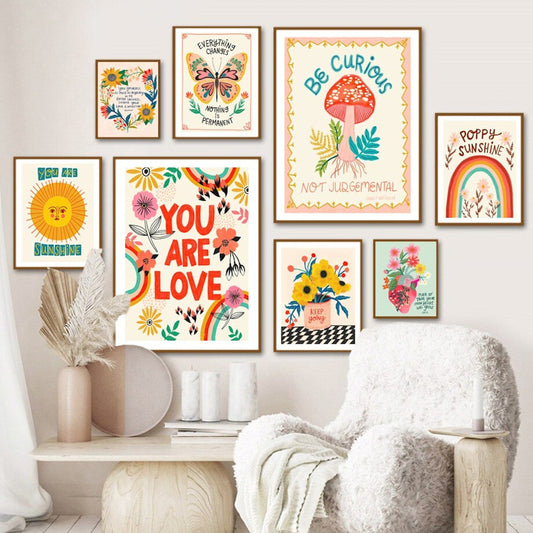 Poster Kinderzimmer Bilder Bunt und Fröhlich Schmetterlinge Sonne Taube Blumenkranz als Deko Print ohne Rahmen - justgoodmood