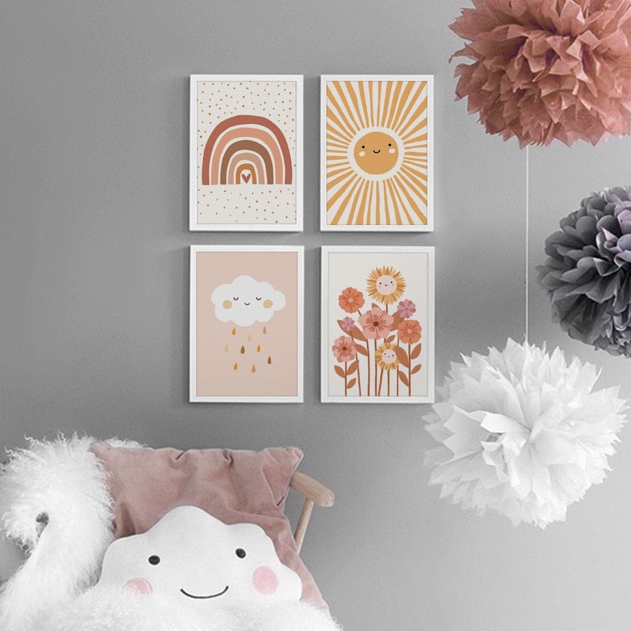 Poster Kinderzimmer Bilder Sonnenstrahlen Blumen Regenbogen Wolke Sonne als Deko Print ohne Rahmen - justgoodmood