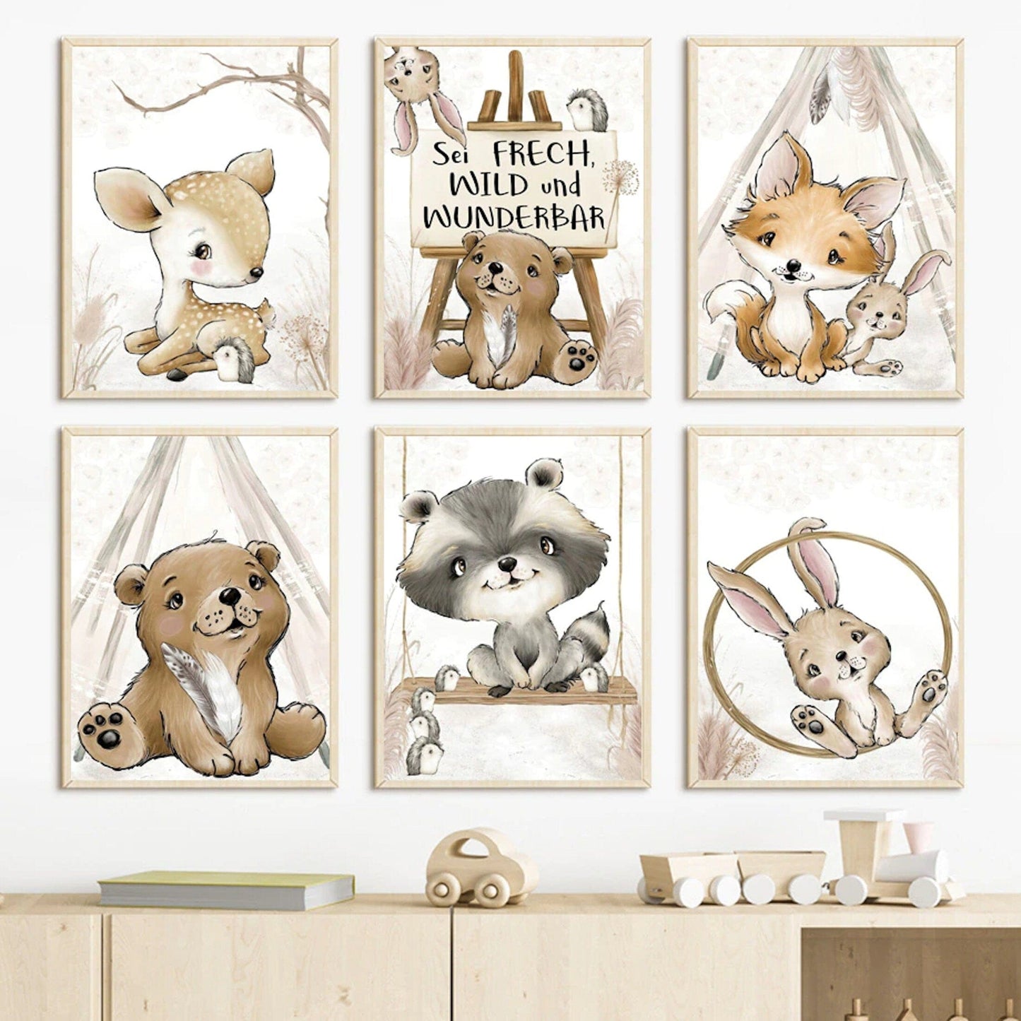 Poster Kinderzimmer Bilder Tiere Bär Reh Fuchs Hase und Spruch sei Frech wild und wunderbar als Deko Print ohne Rahmen - justgoodmood