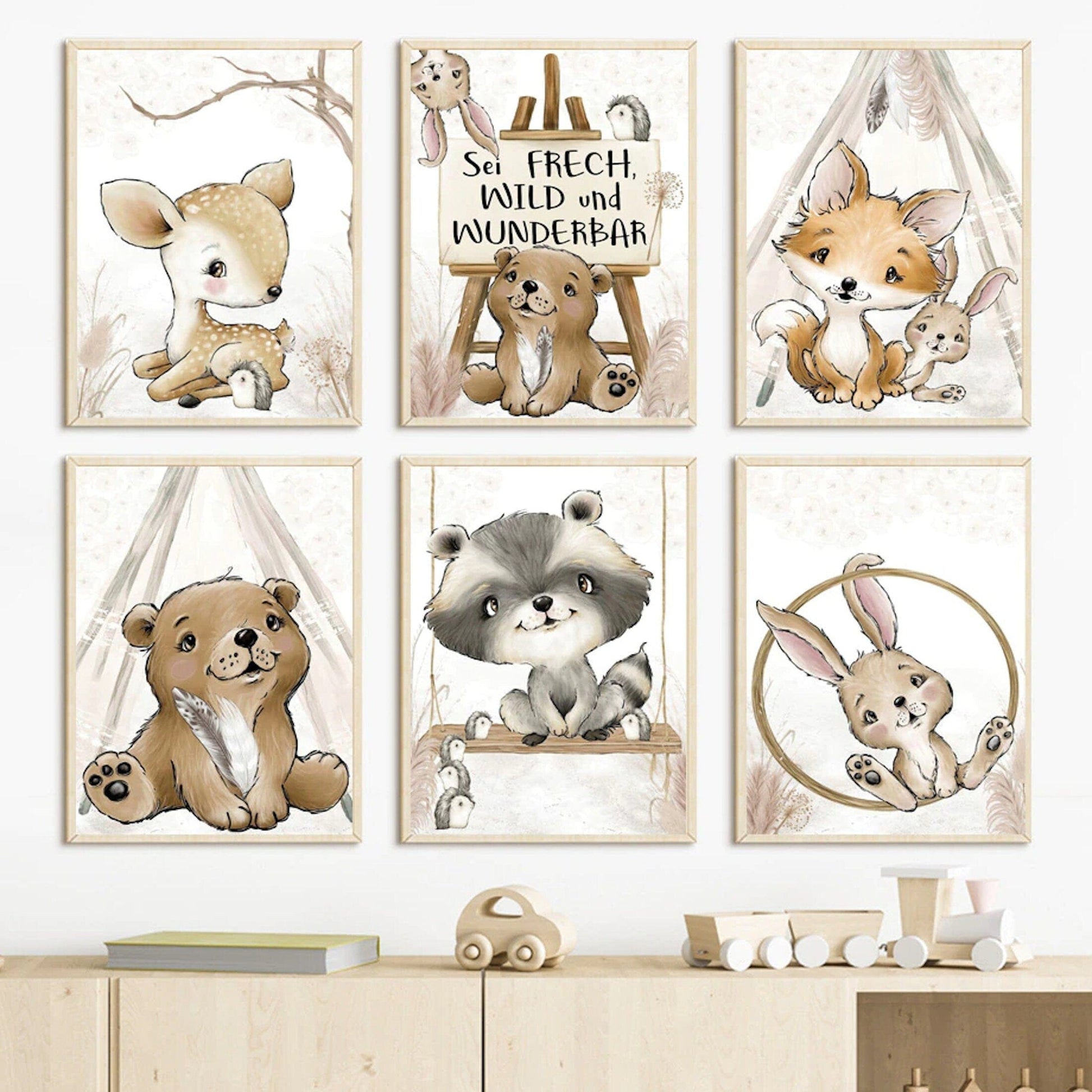 Poster Kinderzimmer Bilder Tiere Bär Reh Fuchs Hase und Spruch sei Frech wild und wunderbar als Deko Print ohne Rahmen - justgoodmood