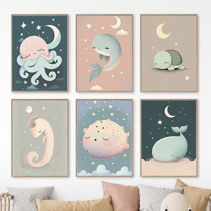 Kinderzimmer Poster Meeres Tiere – Baumwoll-Canvas